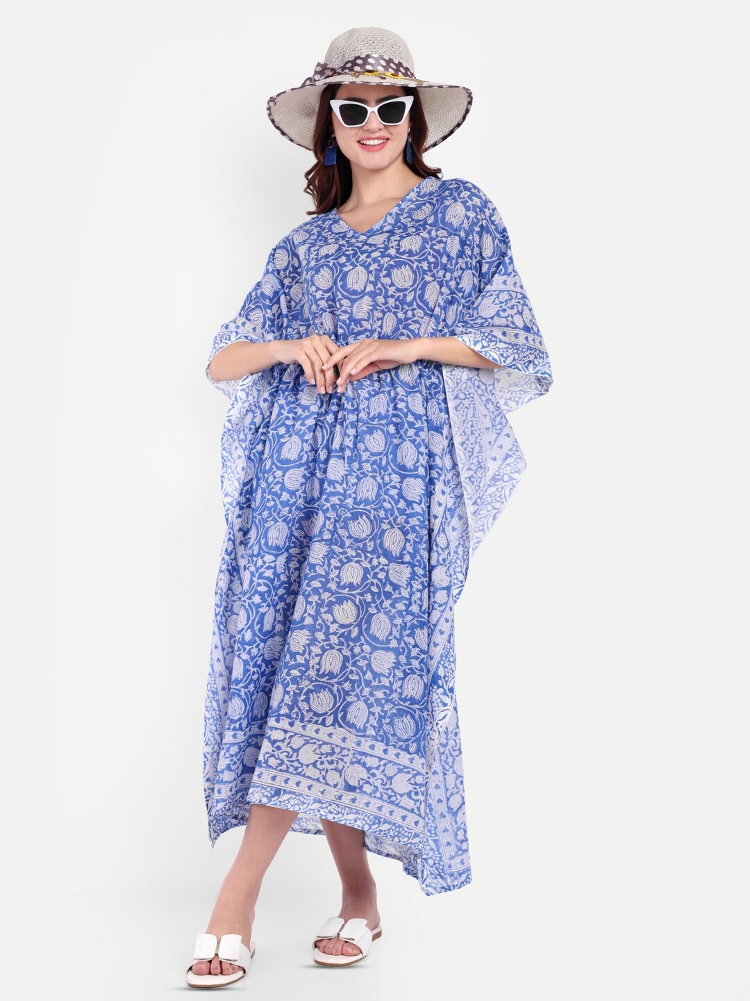 

Bohekant Printed Pure Cotton Kaftan Nightdress, Blue