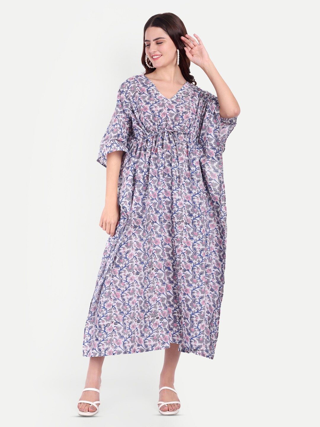 

Bohekant Printed Pure Cotton Kaftan Nightdress, White