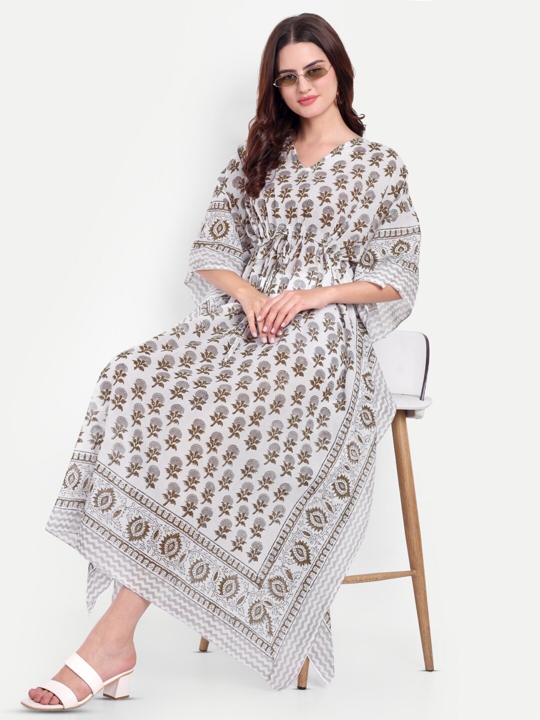 Bohekant Printed Pure Cotton Kaftan Nightdress, White