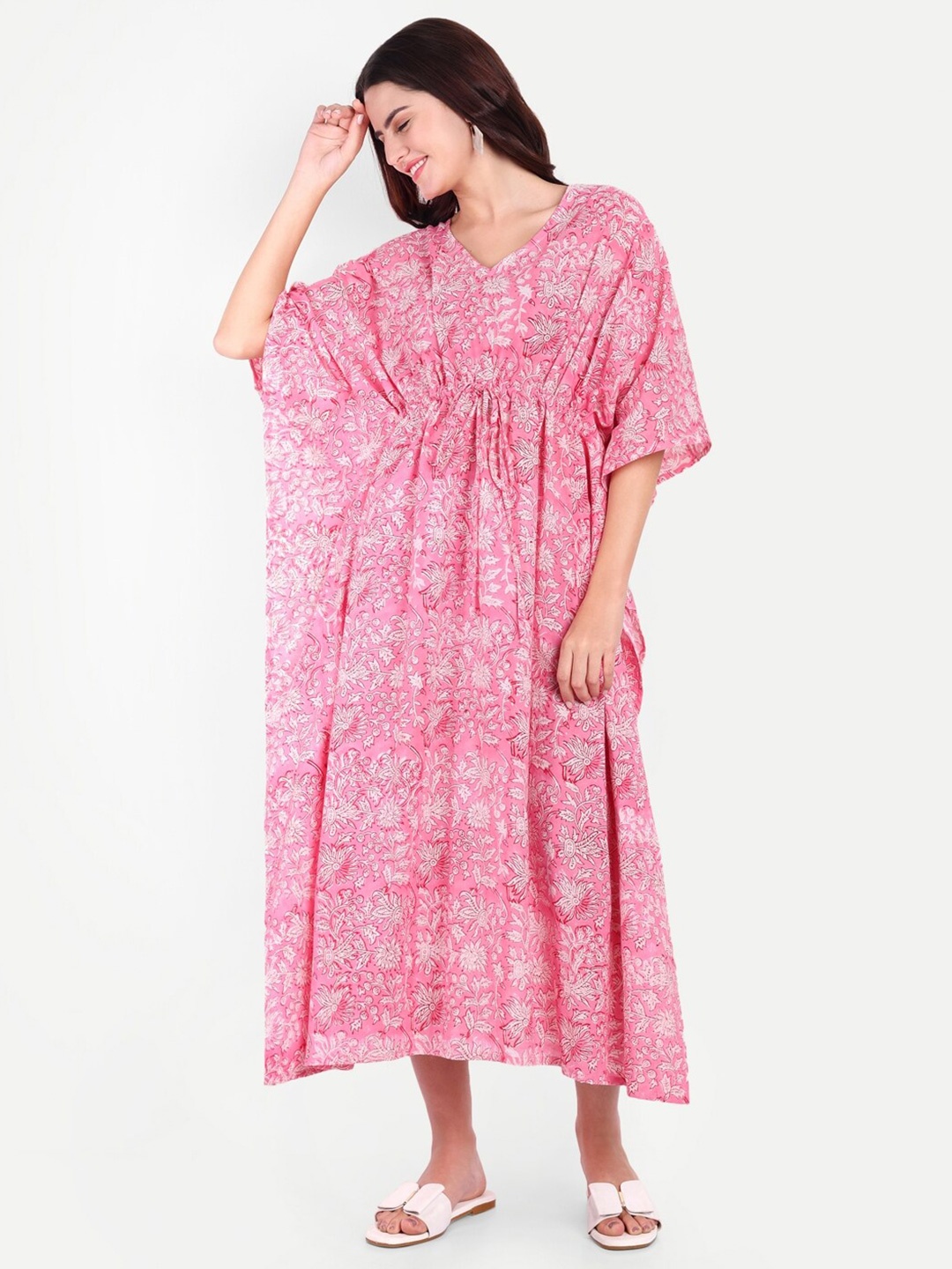 

Bohekant Printed Pure Cotton Kaftan Nightdress, Pink