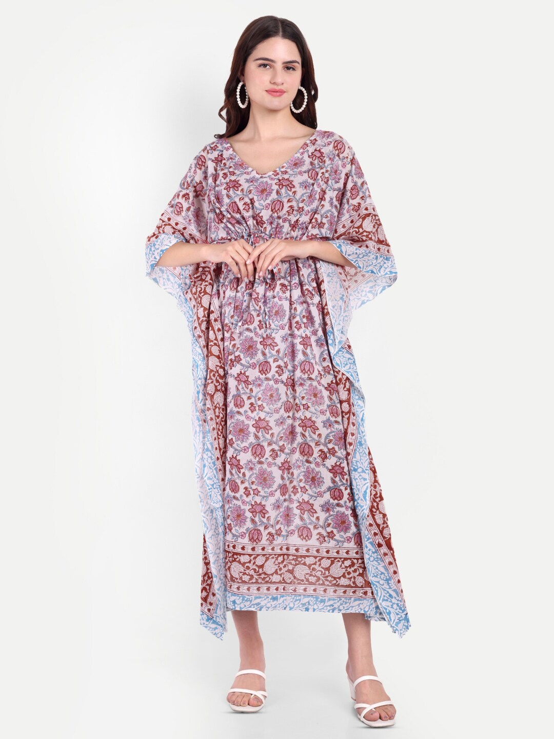 Bohekant Printed Pure Cotton Kaftan Nightdress, White