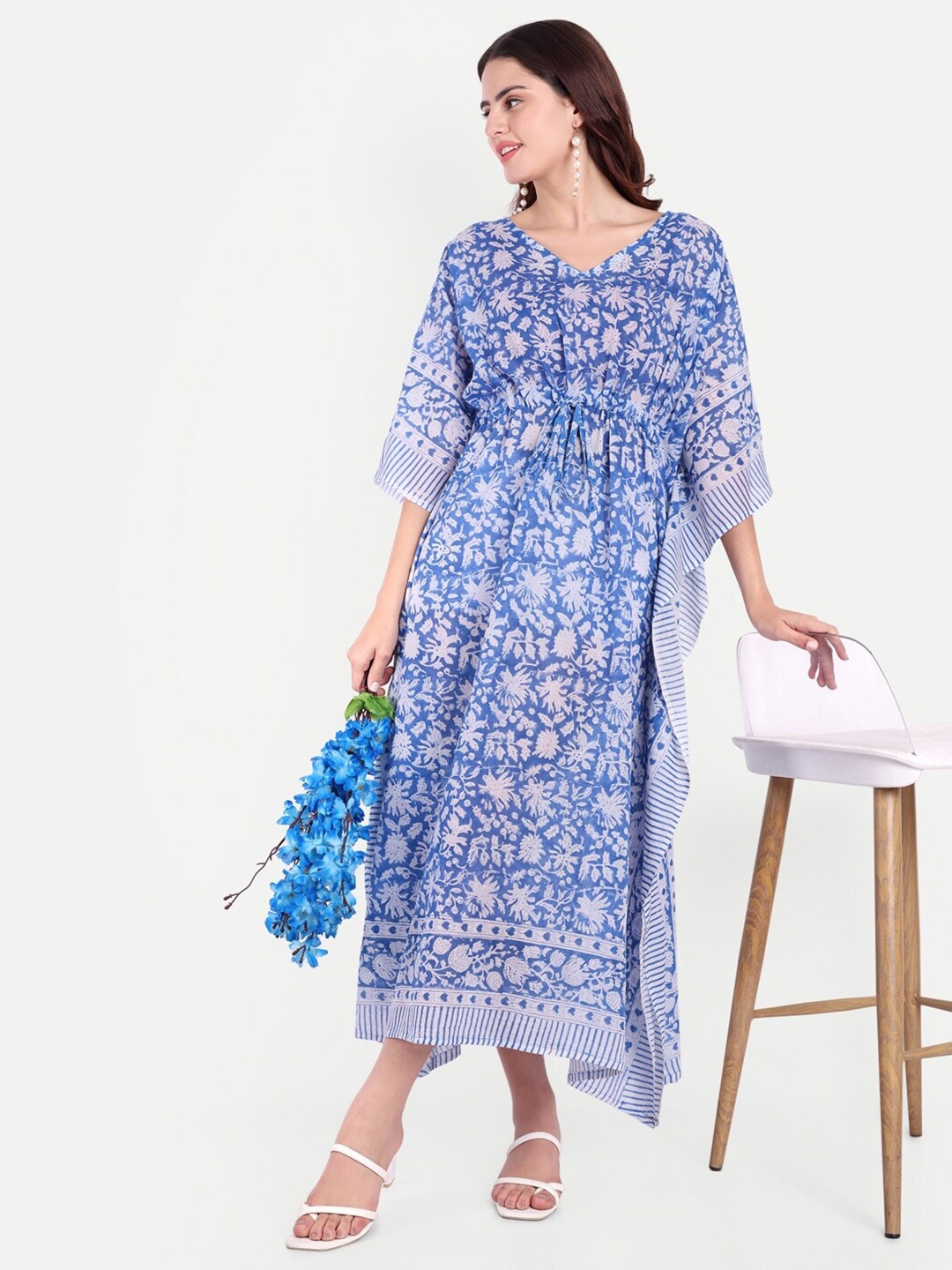 

Bohekant Printed Pure Cotton Kaftan Nightdress, Blue