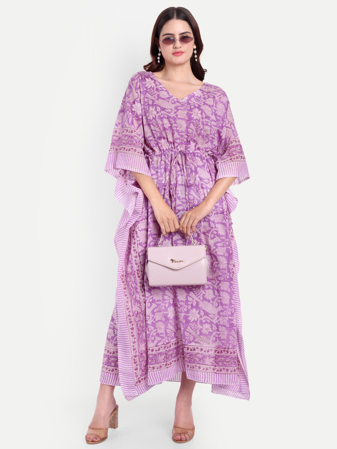 

Bohekant Floral Printed Pure Cotton Midi Kaftan Dress, Lavender