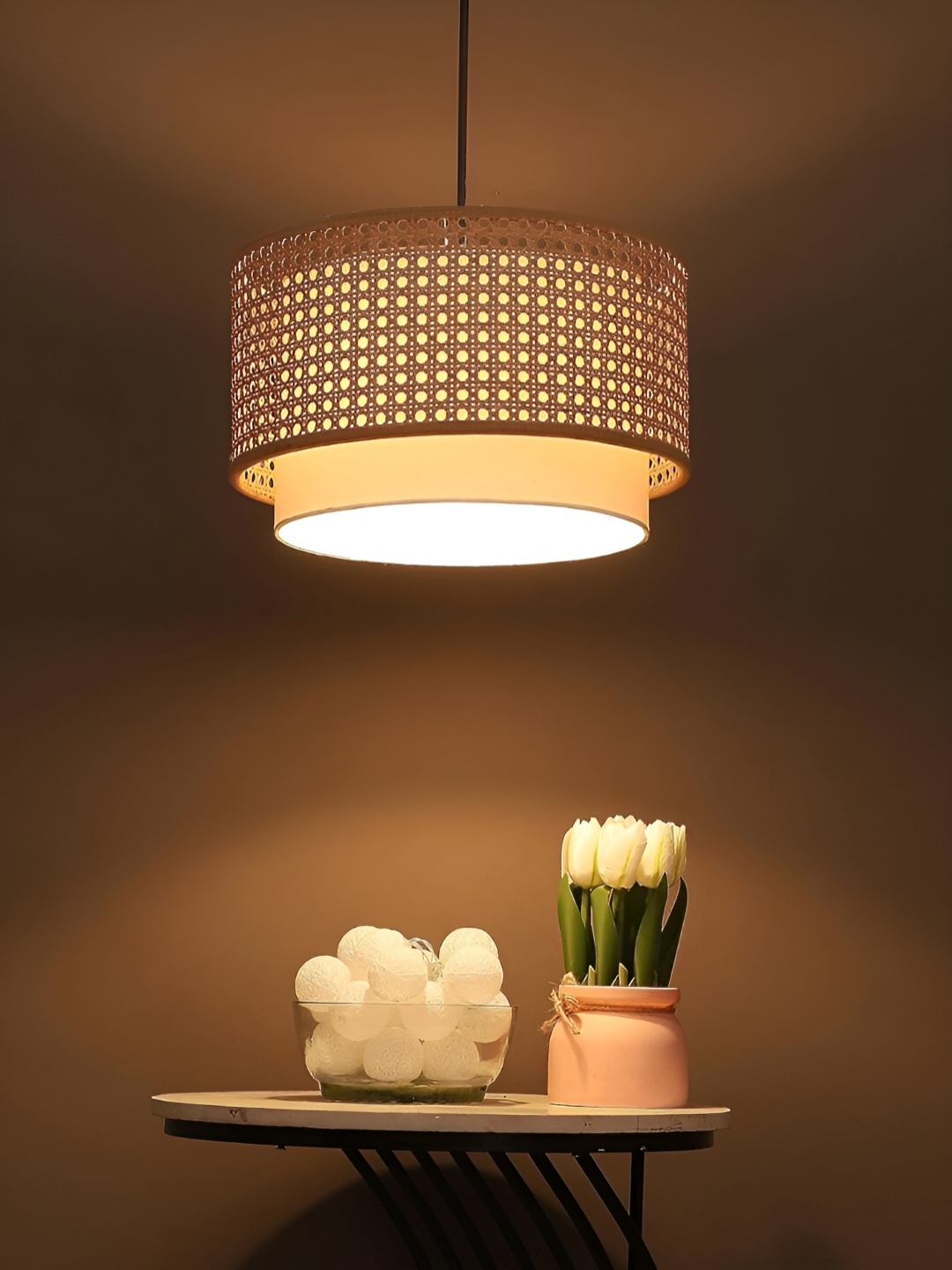 

akway Beige Wooden Textured Spherical Ceiling Lamp