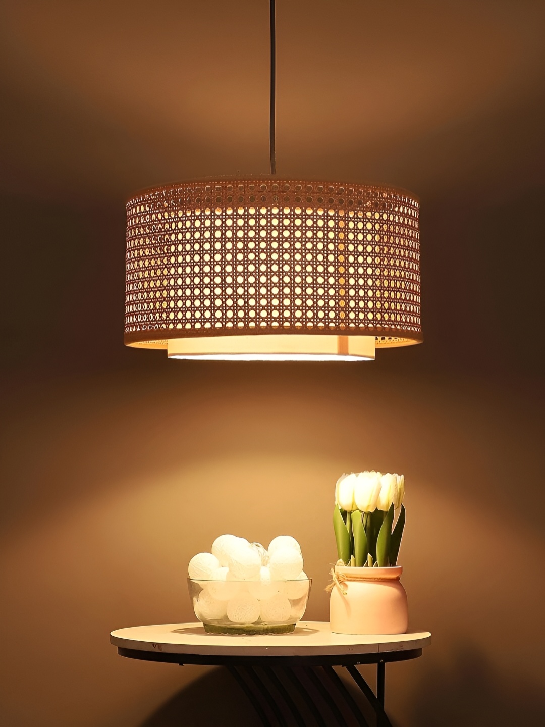 

akway Beige Textured Bamboo Hanging Ceiling Lamp