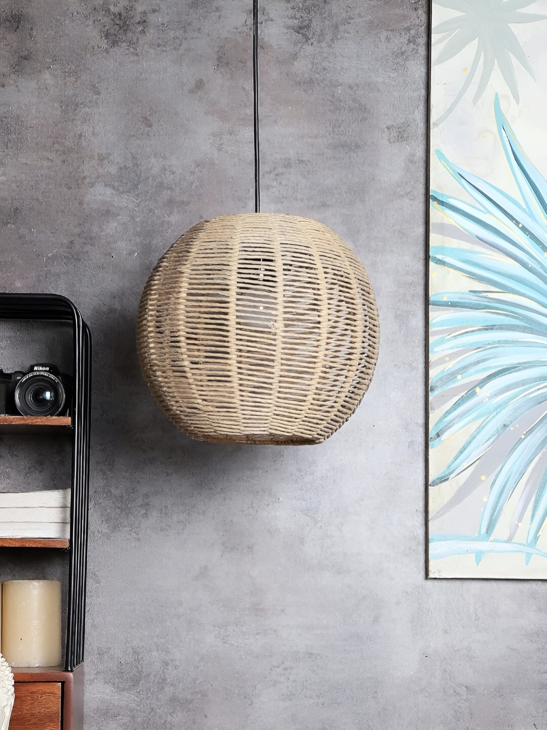 

akway Beige Wooden Textured Spherical Ceiling Lamp