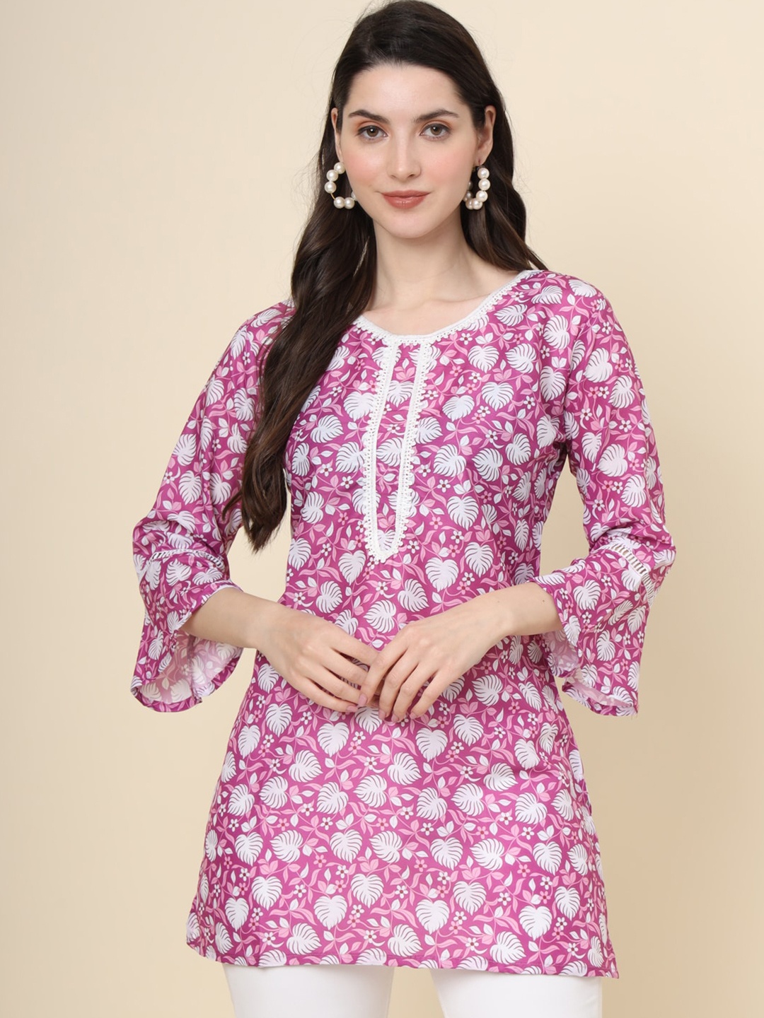 

HERE&NOW Floral Print Bell Sleeves Cotton Longline A-Line Top, Pink
