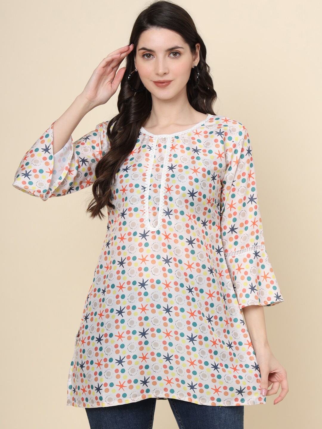 

HERE&NOW Floral Print Bell Sleeves Cotton Longline A-Line Top, Cream