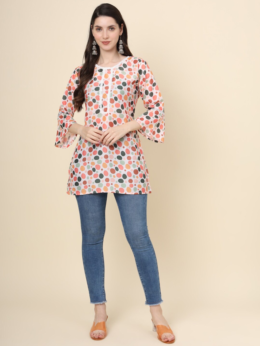 

HERE&NOW Geometric Print Bell Sleeves Cotton Longline A-Line Top, Orange