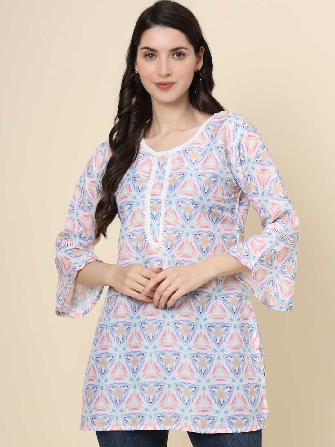 

HERE&NOW Floral Print Bell Sleeves Cotton Top, Off white