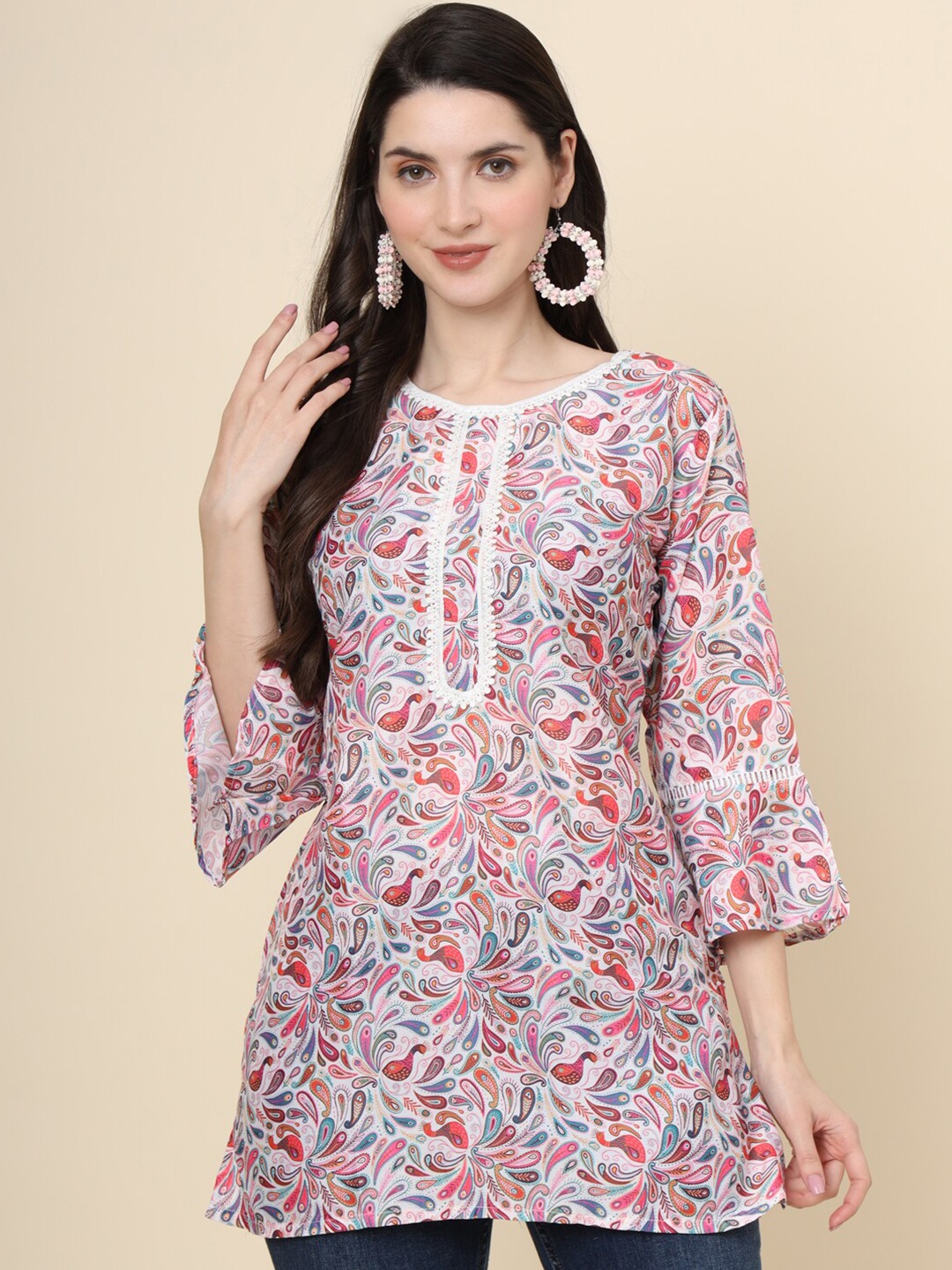 

HERE&NOW Floral Print Bell Sleeves Cotton Longline A-Line Top, Pink
