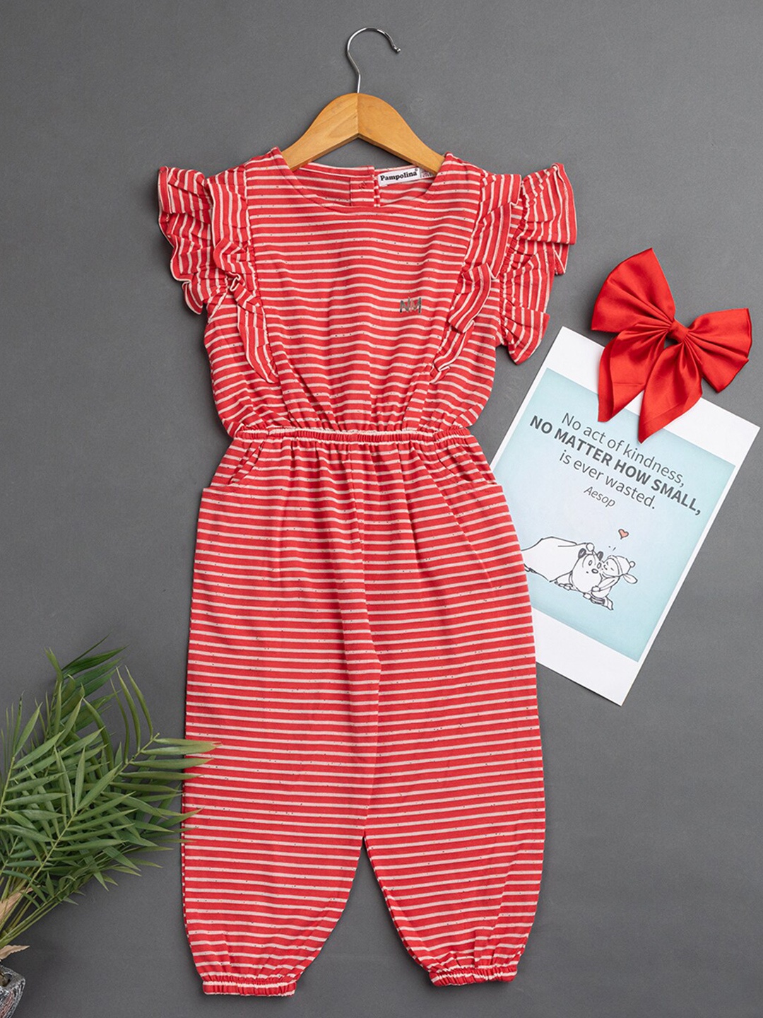 PAMPOLINA Girls Striped Basic Jumpsuit, Coral