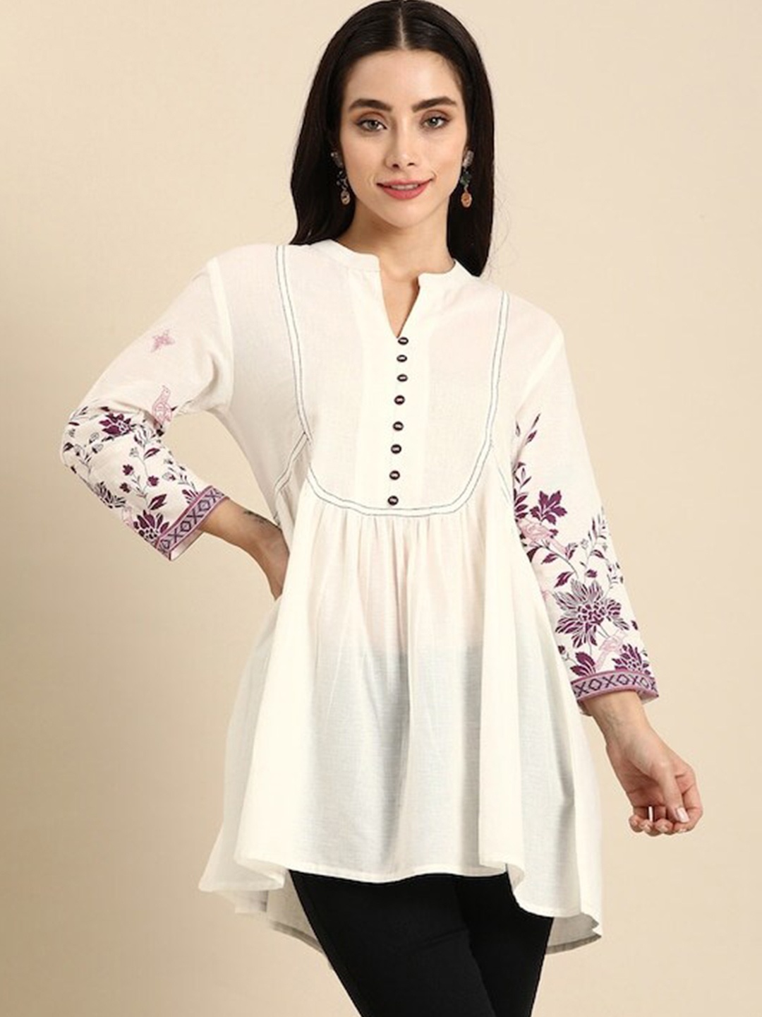 

BAESD Mandarin Collar Cotton Longline Empire Top, White