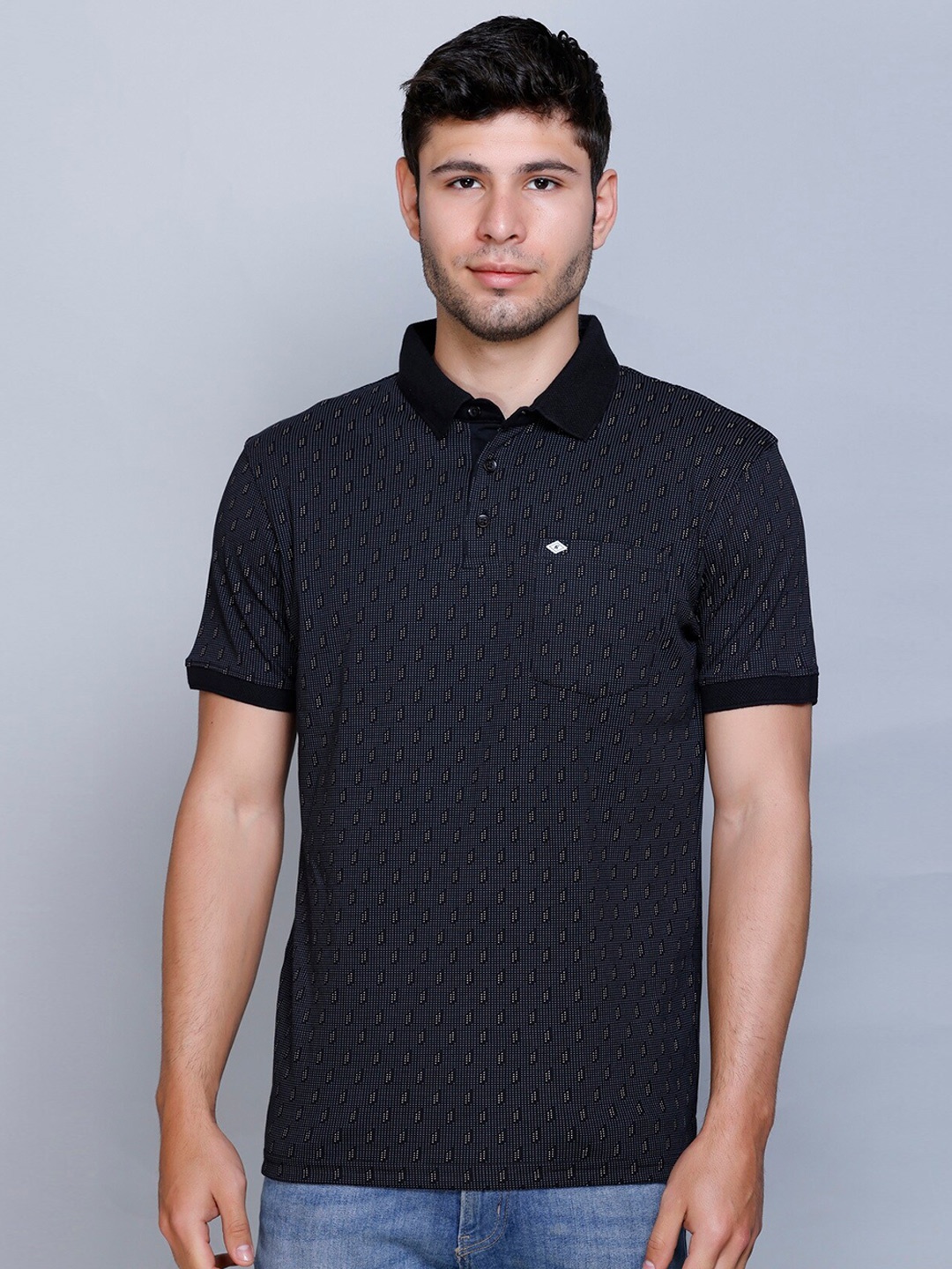 Fort Collins Geometric Printed Polo Collar T-shirt, Black