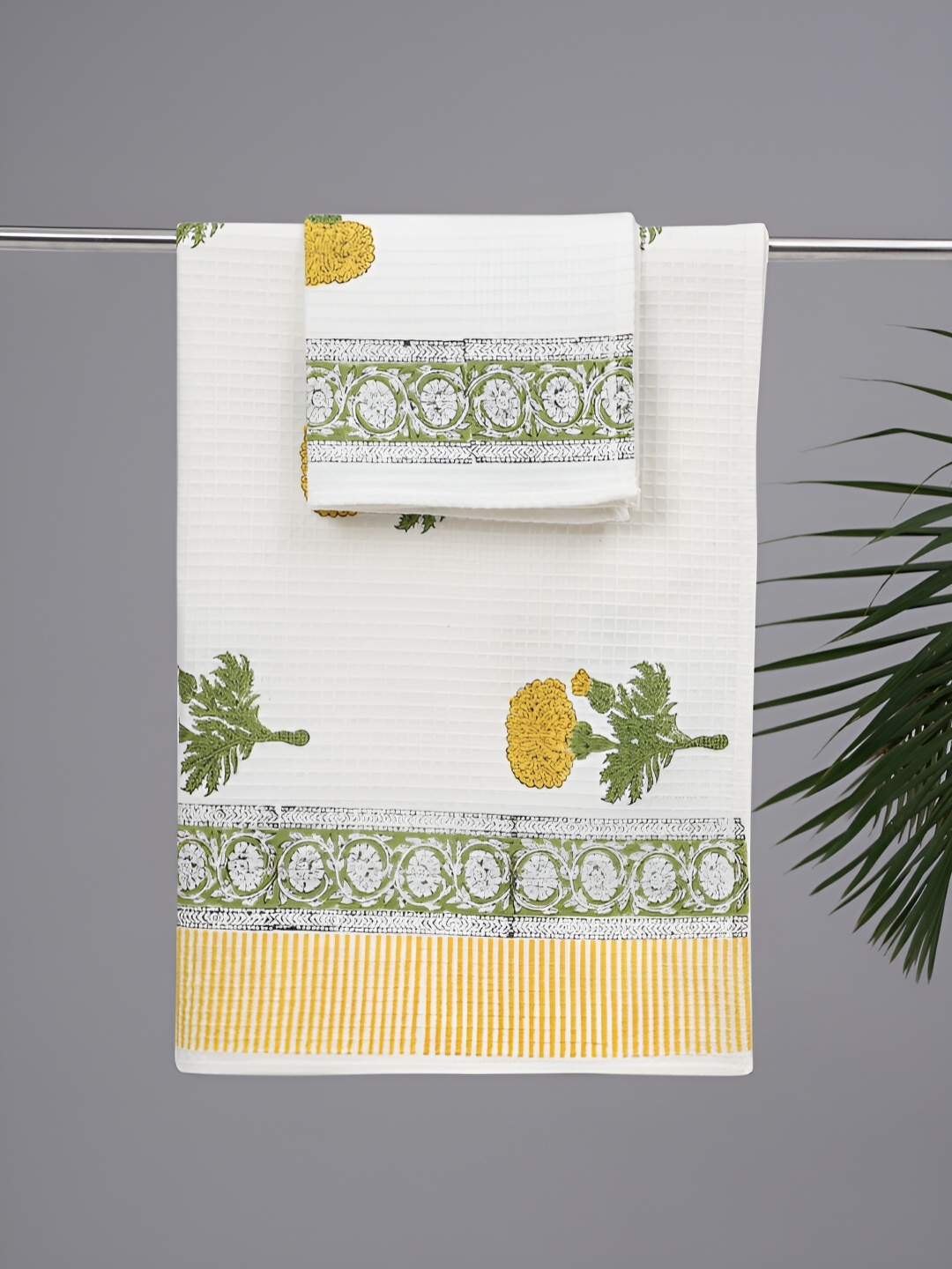 

Peepul Tree 2 pcs Block Printed Cotton Hand & Bath Waffle Towel Set, White