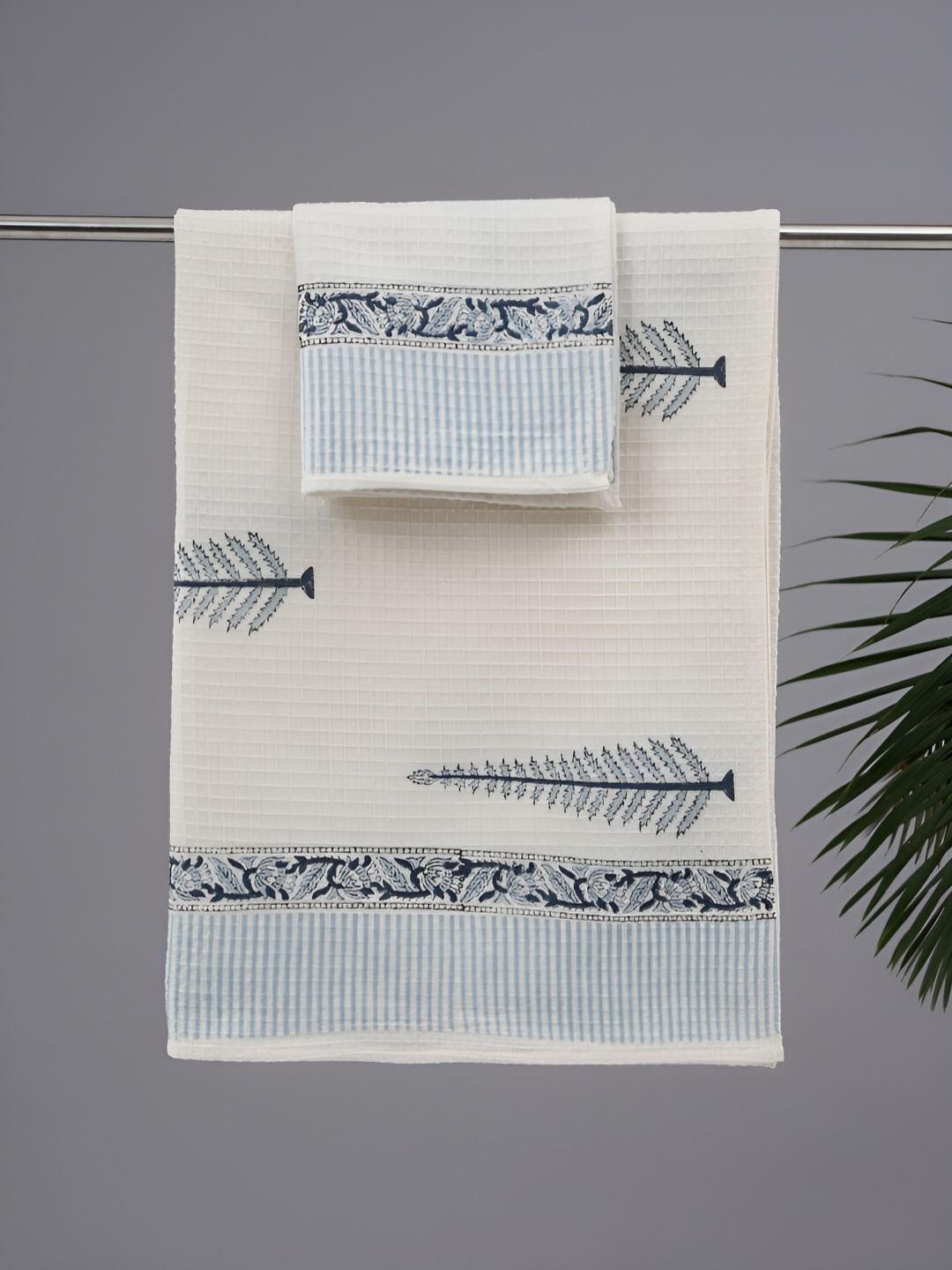 

Peepul Tree 2 pcs White & Blue Block Printed Cotton Hand & Bath Waffle Towel Set