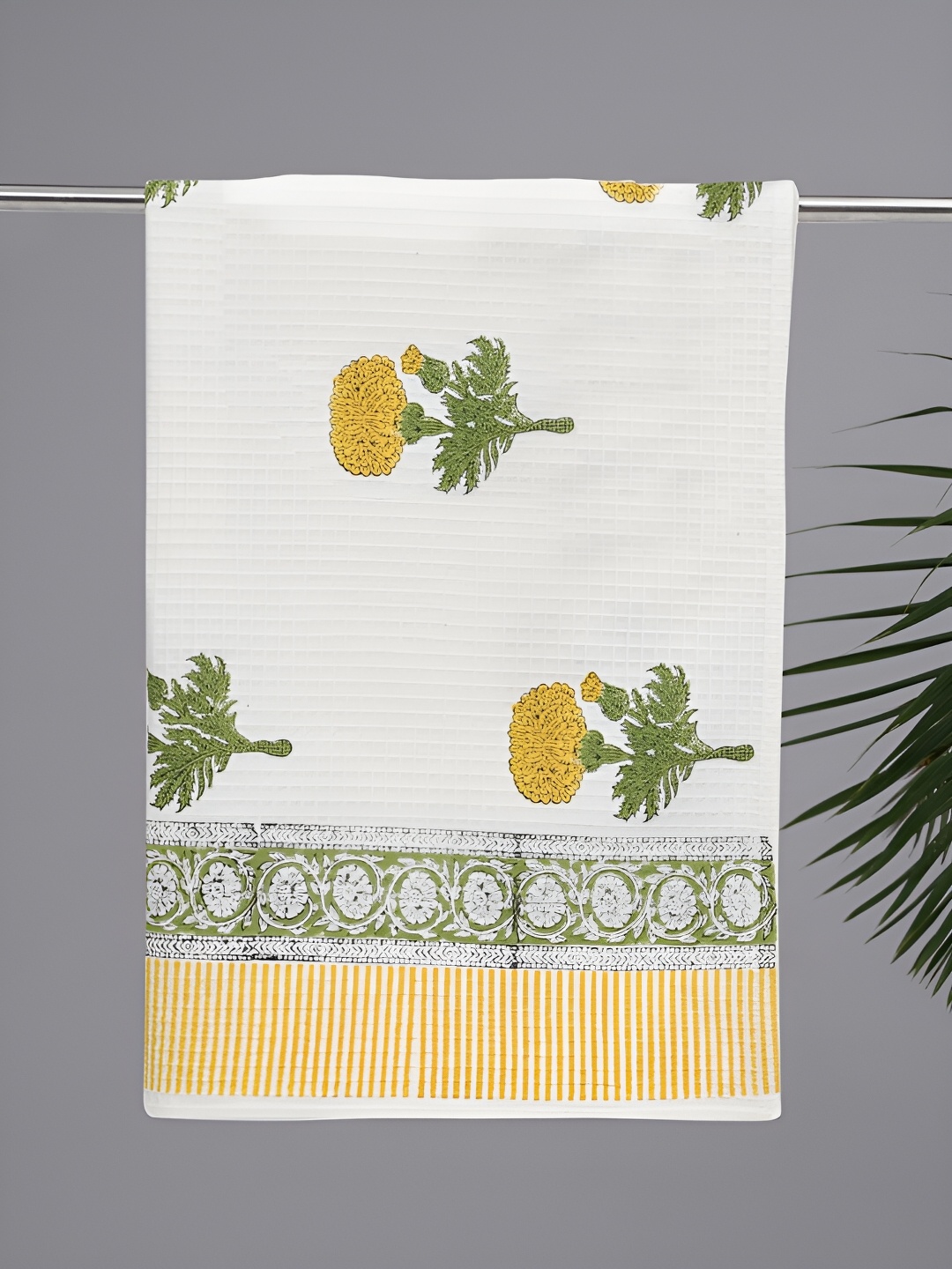 

Peepul Tree Block Printed Cotton 300 GSM Waffle Bath Towel, White
