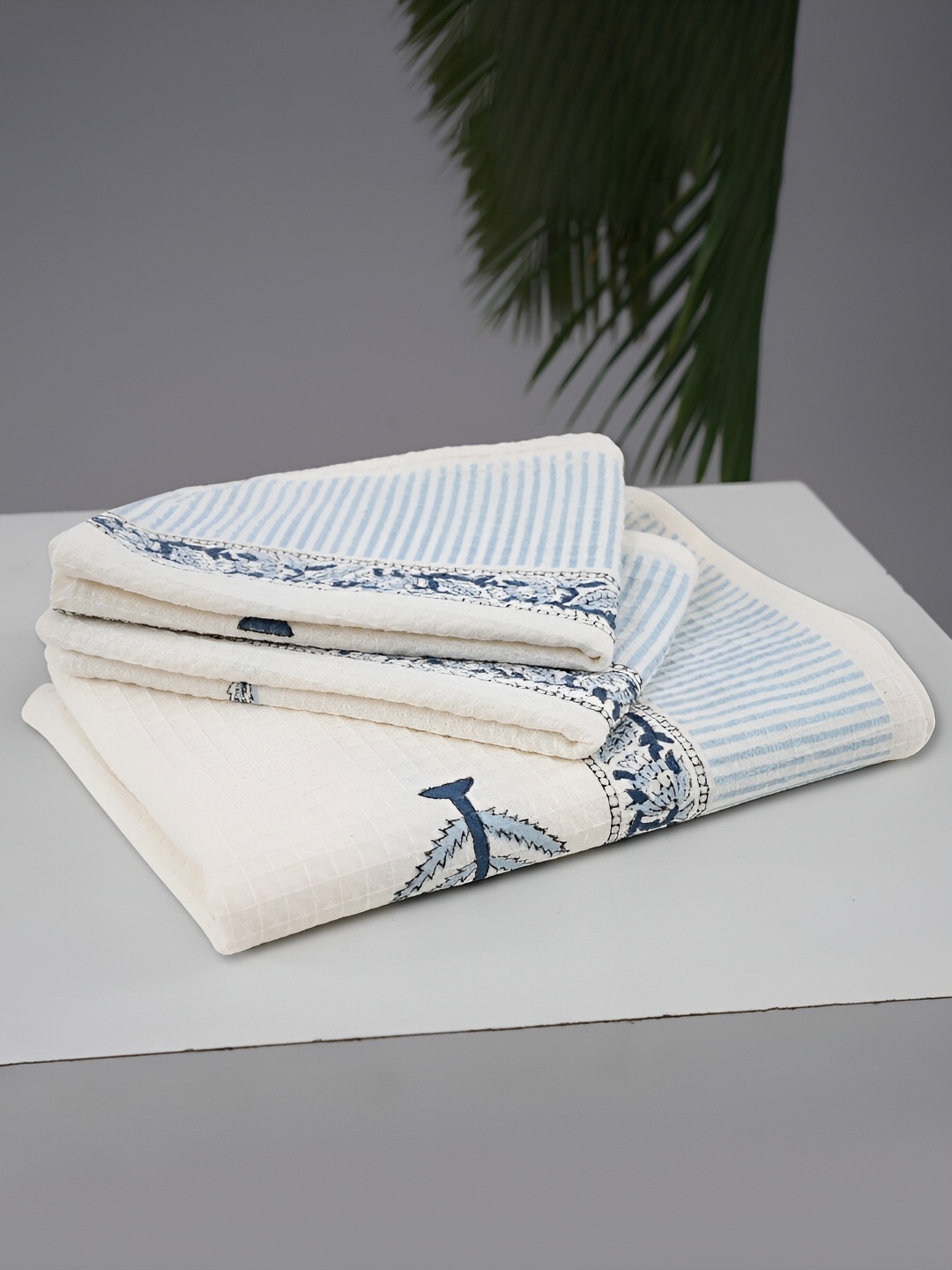 

Peepul Tree 3 Pcs White & Blue Block Printed Cotton Waffle Towel Set