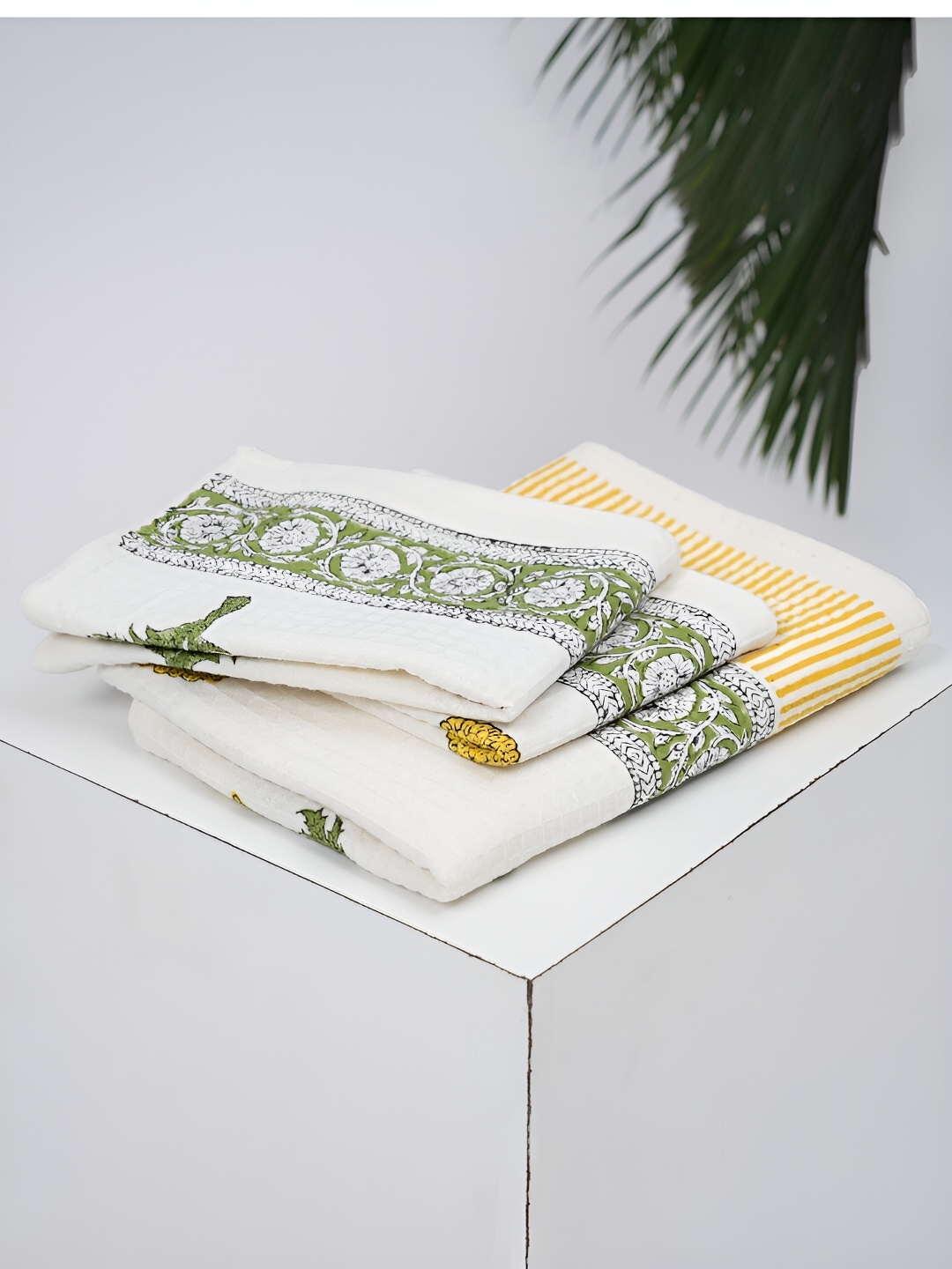 

Peepul Tree 3Pcs Off White & Yellow Block Printed Cotton Waffle Towel Set