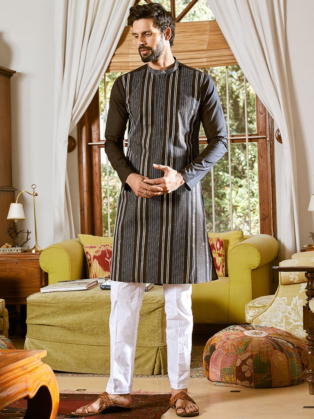 

See Designs Regular Sequinned Pure Cotton Kurta with Pyjamas, Black