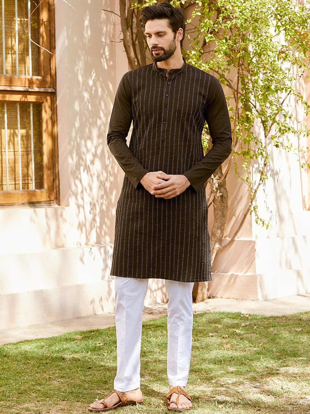 

See Designs Men Striped Regular Thread Work Pure Cotton Kurta with Pyjamas, Black