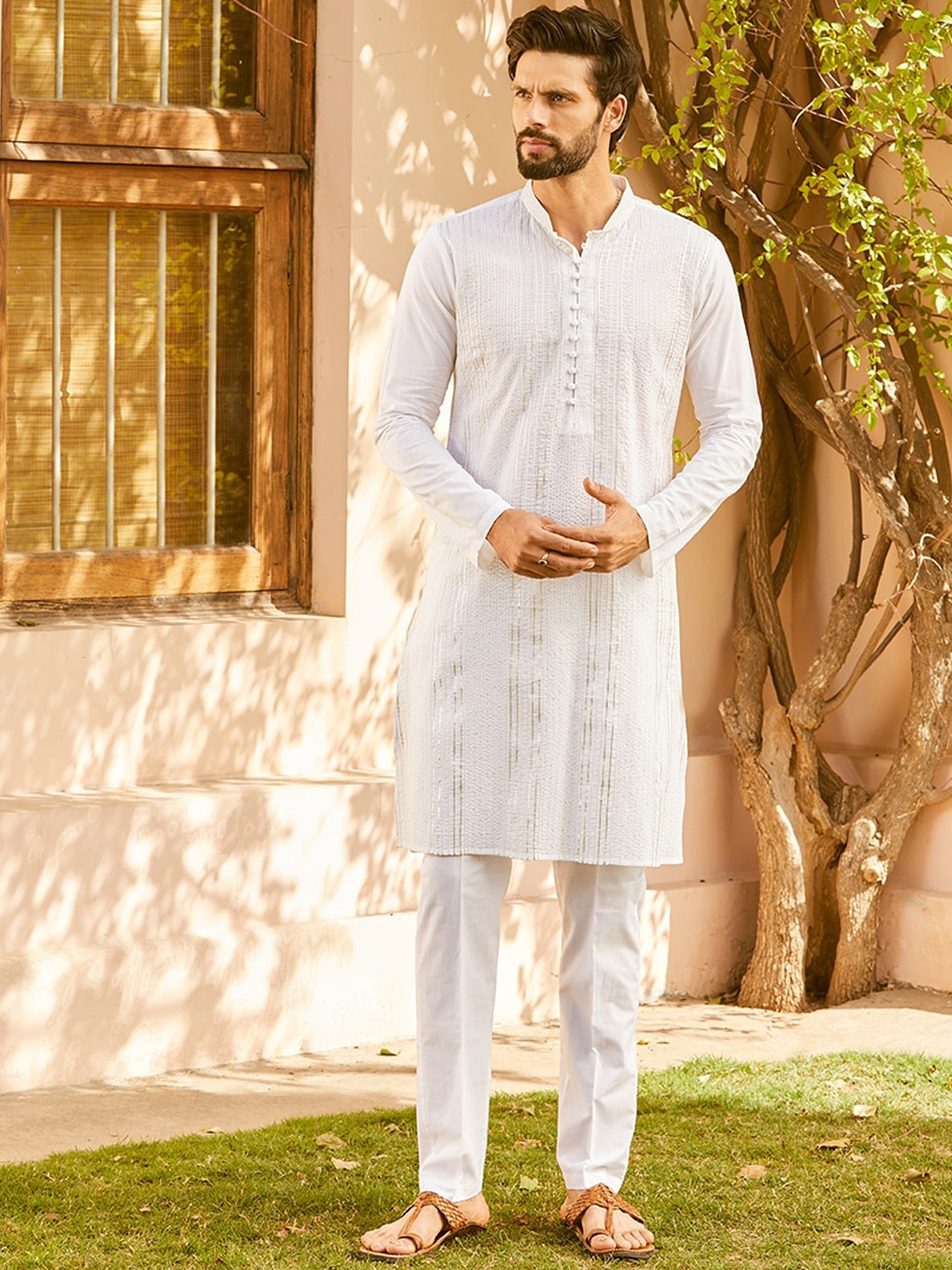 

See Designs Striped Embellished Zari Mandarin Collar Cotton Straight Kurta, White