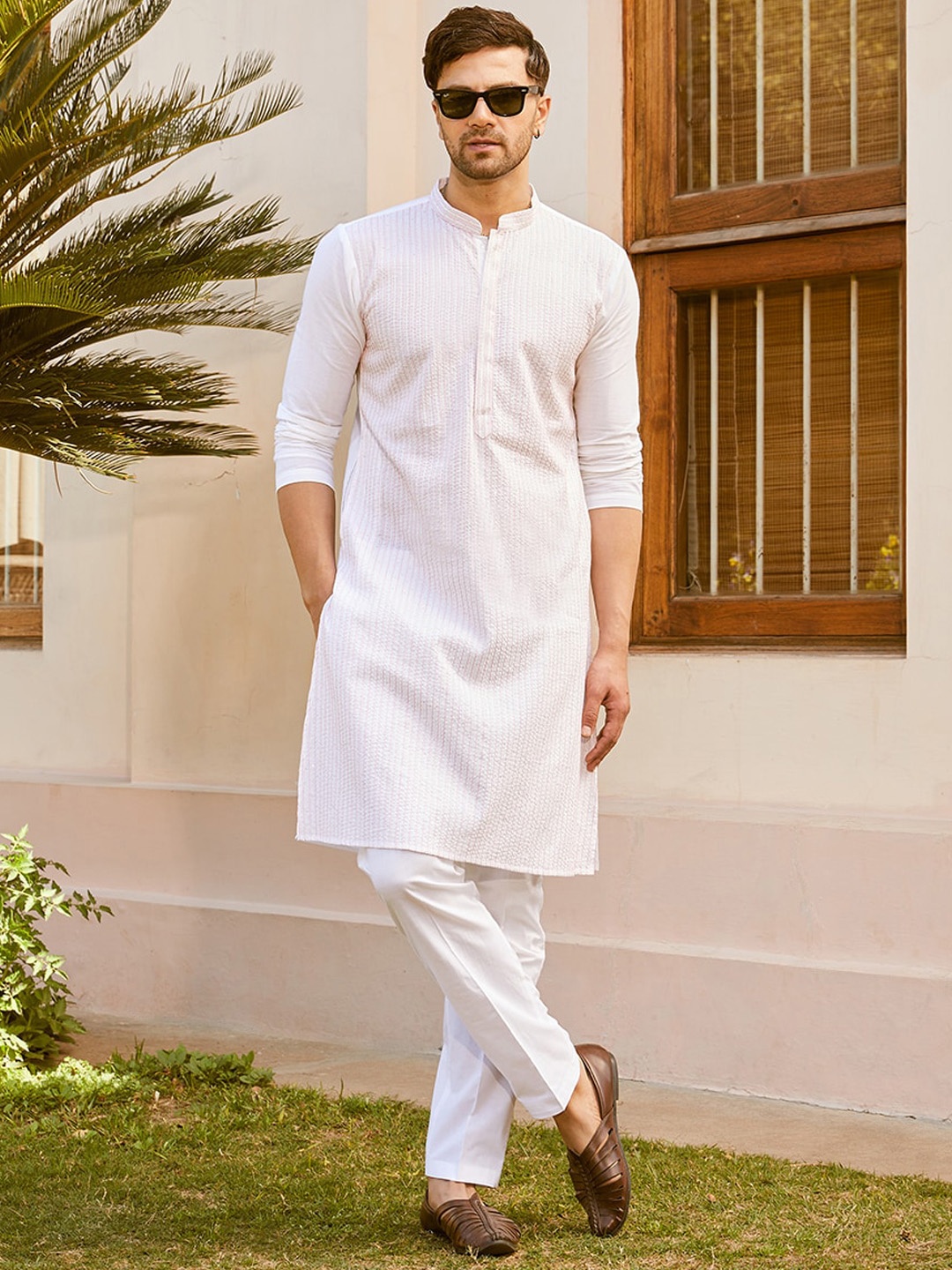 

See Designs Self Design Mandarin Collar Straight Kurta, White