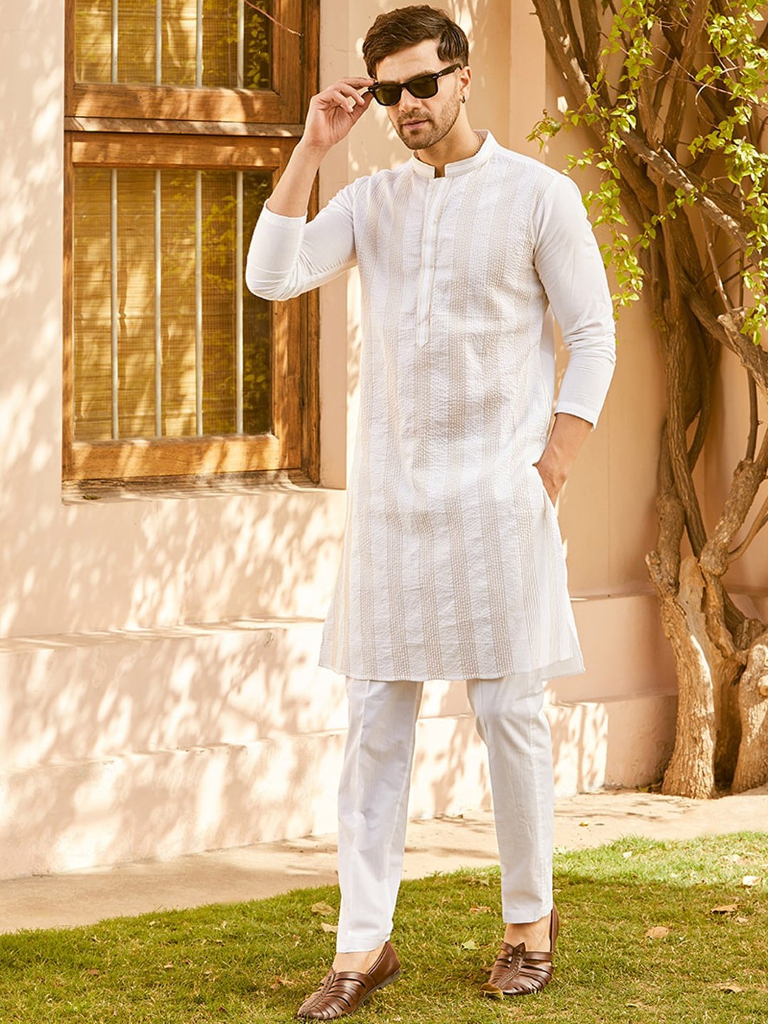 

See Designs Striped Thread Work Mandarin Collar Cotton Kurta, White