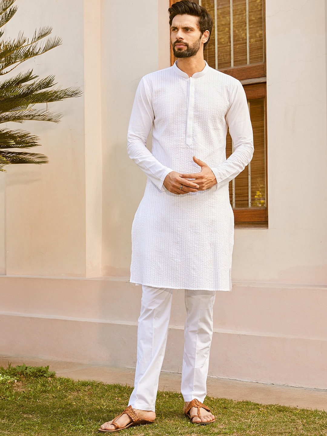 

See Designs Self Design Mandarin Collar Straight Kurta, White