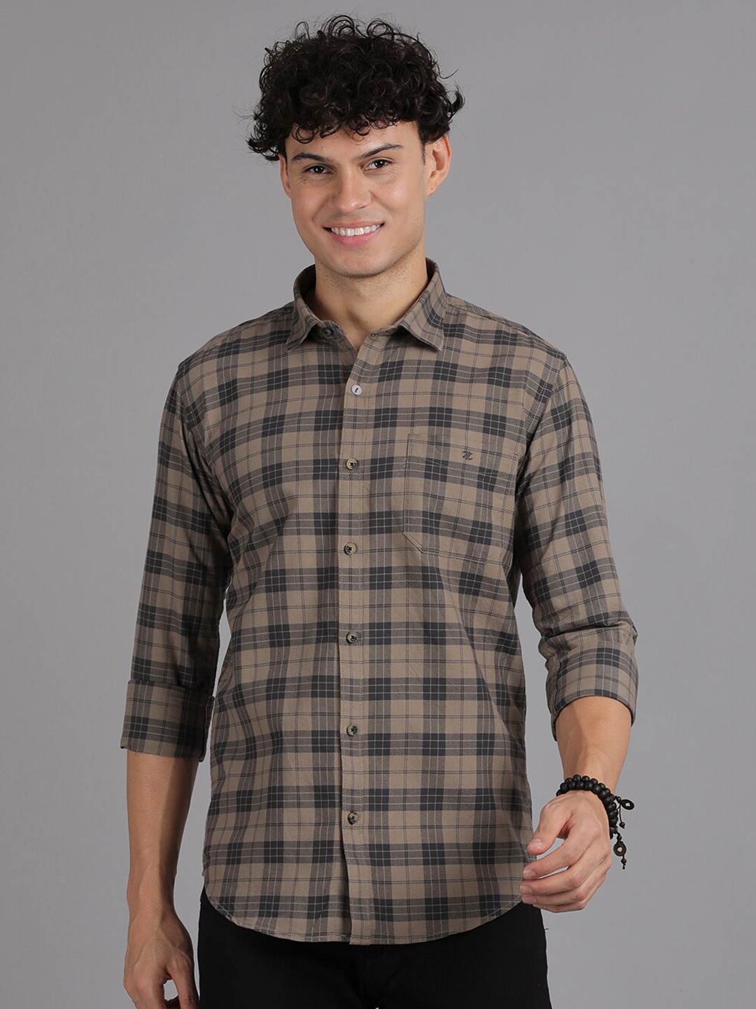 

Volume Zero Standard Opaque Checked Cotton Casual Shirt, Brown