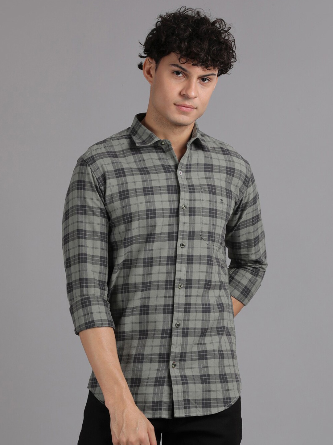 

Volume Zero Standard Checked Pure Cotton Casual Shirt, Green