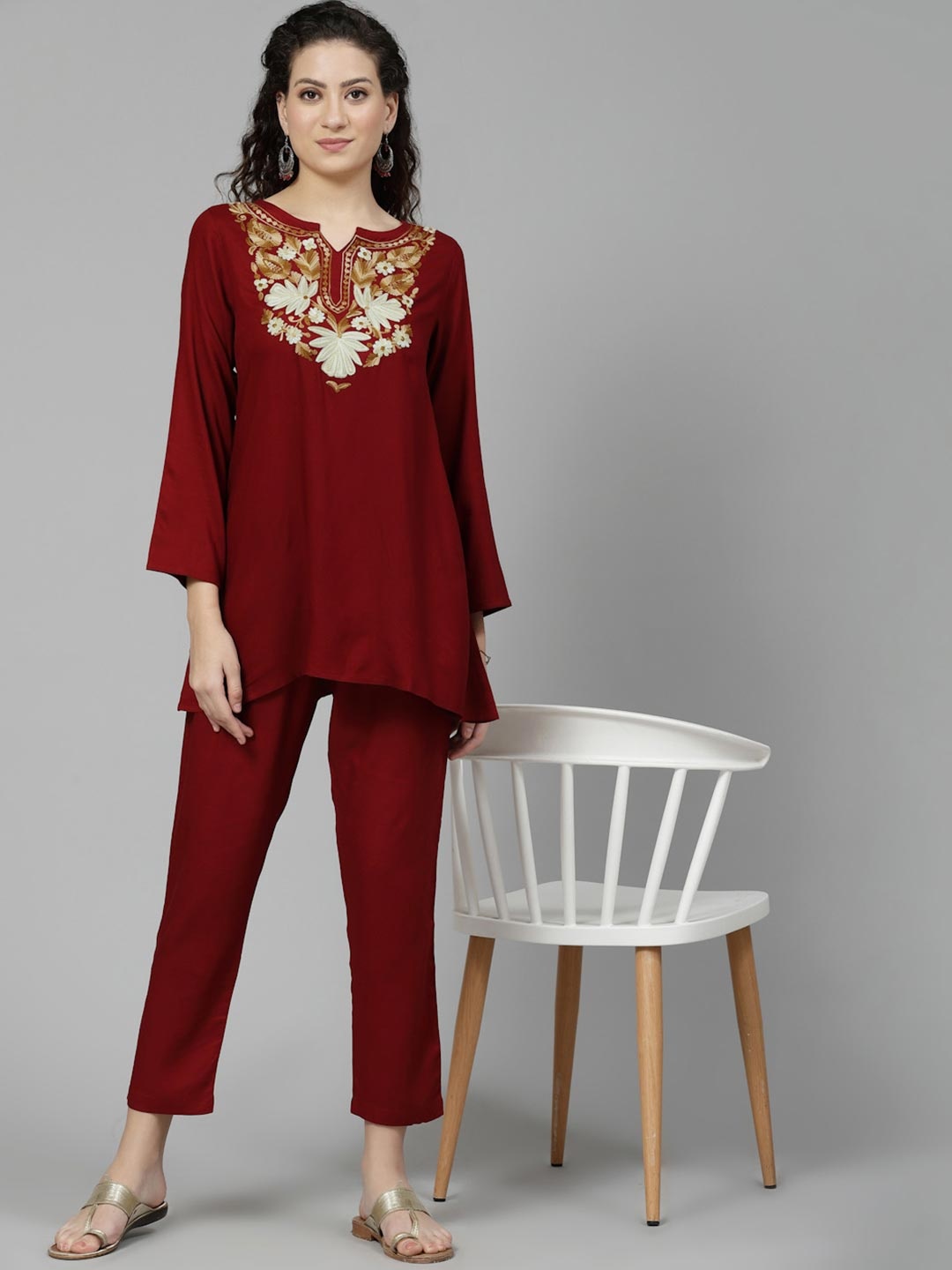 

QAZMI Women Aari Embroidered A-Line CoOrd Set, Maroon