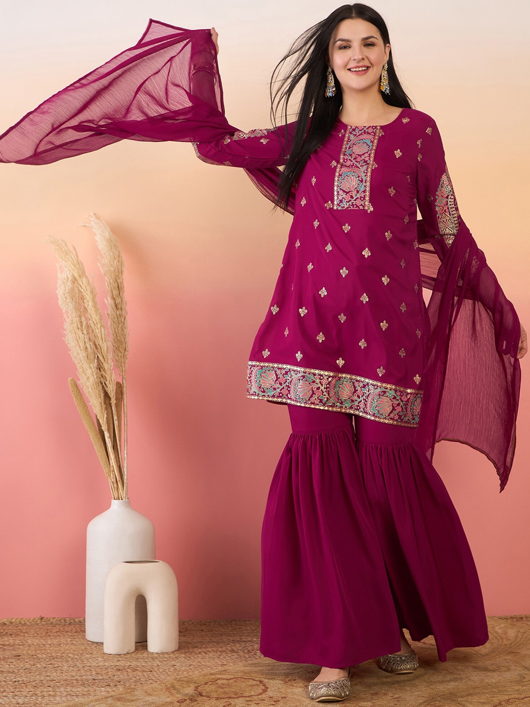 

Anouk Women Ethnic Motifs Printed Regular Kurta with Sharara & With Dupatta, Pink
