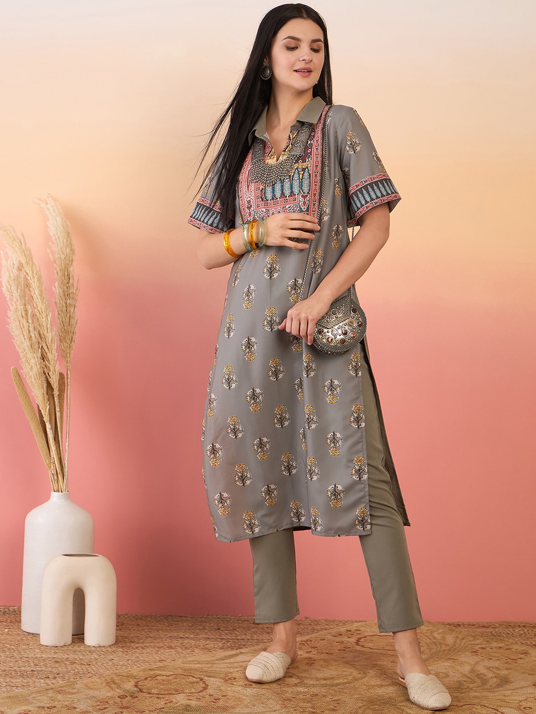 Anouk Floral Printed Shirt Collar Staight Kurta with Trousers, Olive