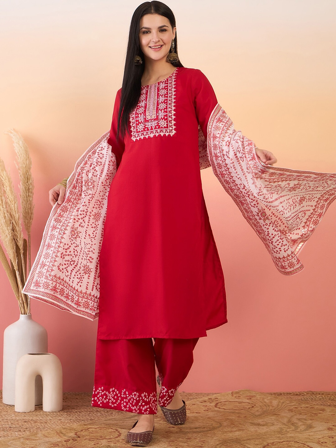 

Anouk Bandhani Printed Round Neck Kurta with Palazzos & Dupatta, Red