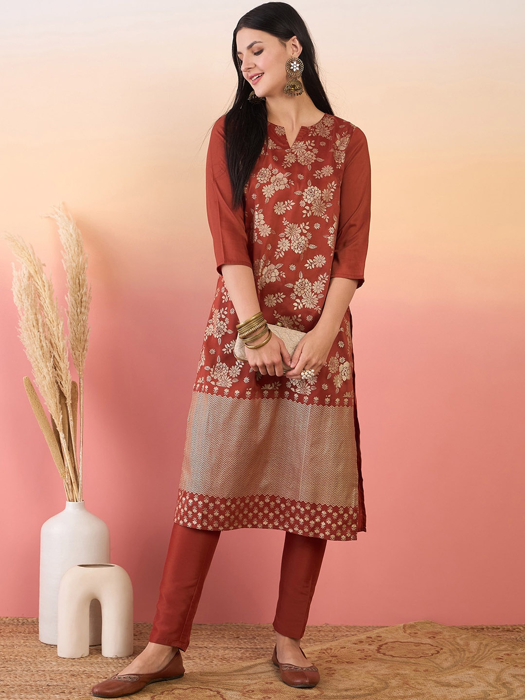 

Anouk Women Ethnic Motifs Printed Regular Kurta with Trousers, Rust