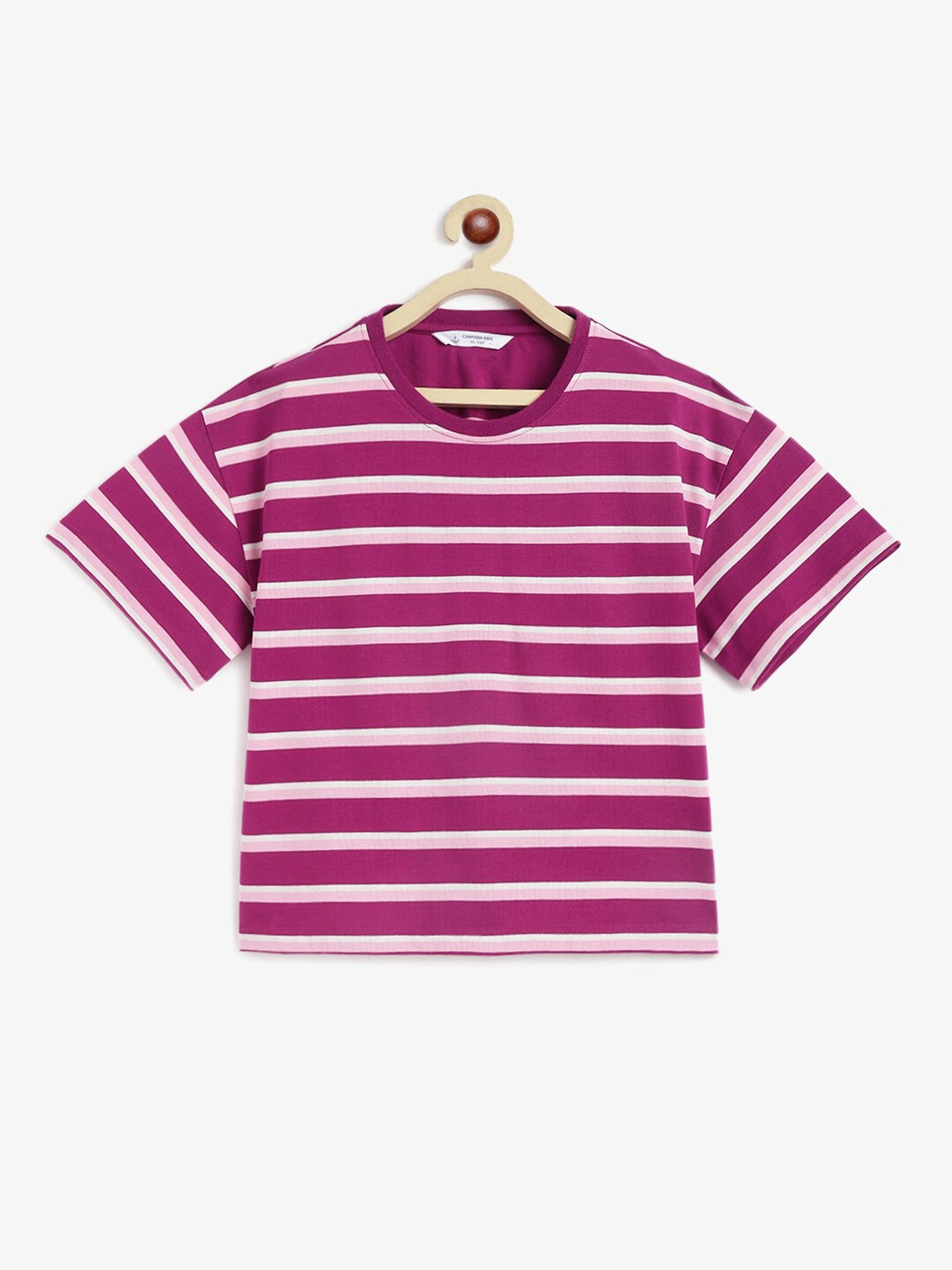 

Campana Girls Striped Drop-Shoulder Sleeves Cotton T-shirt, Pink