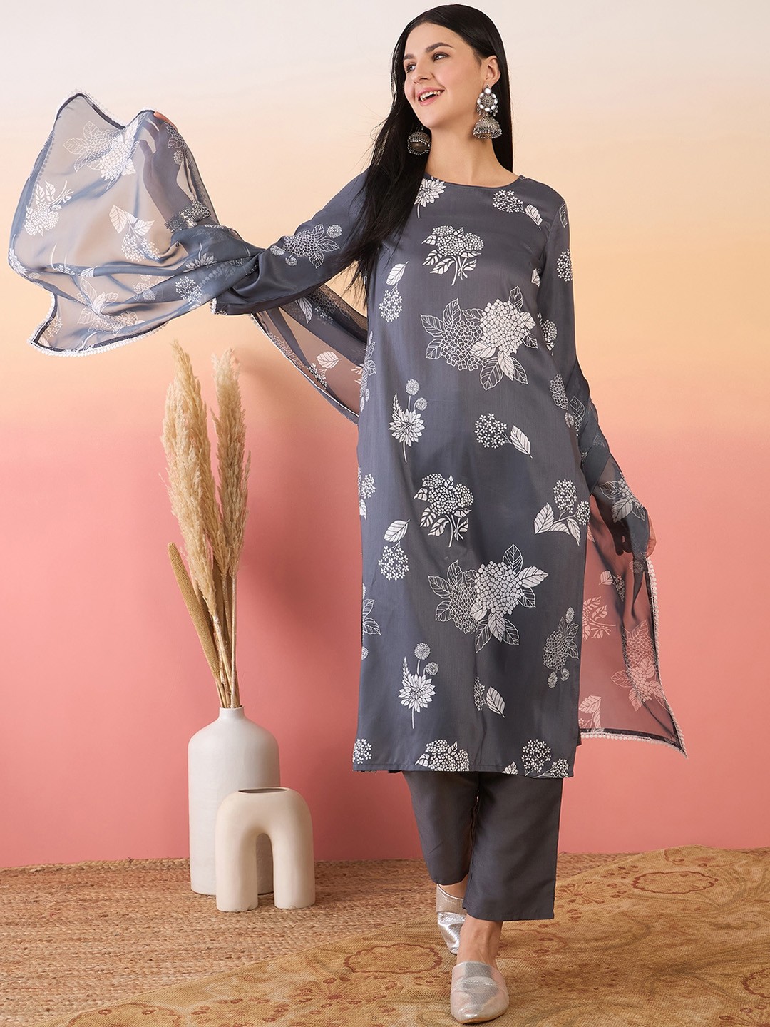 

Anouk Floral Printed Regular Round Neck Straight Kurta with Trouser & Dupatta, Grey