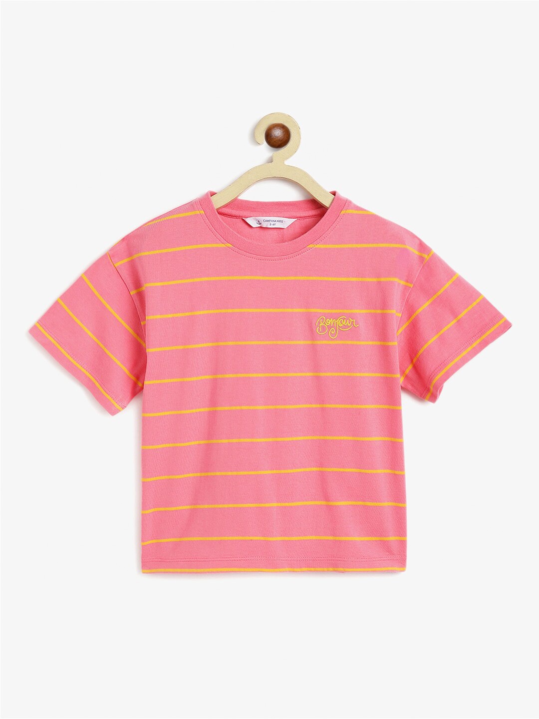 

Campana Girls Striped Drop-Shoulder Sleeves Cotton T-shirt, Pink
