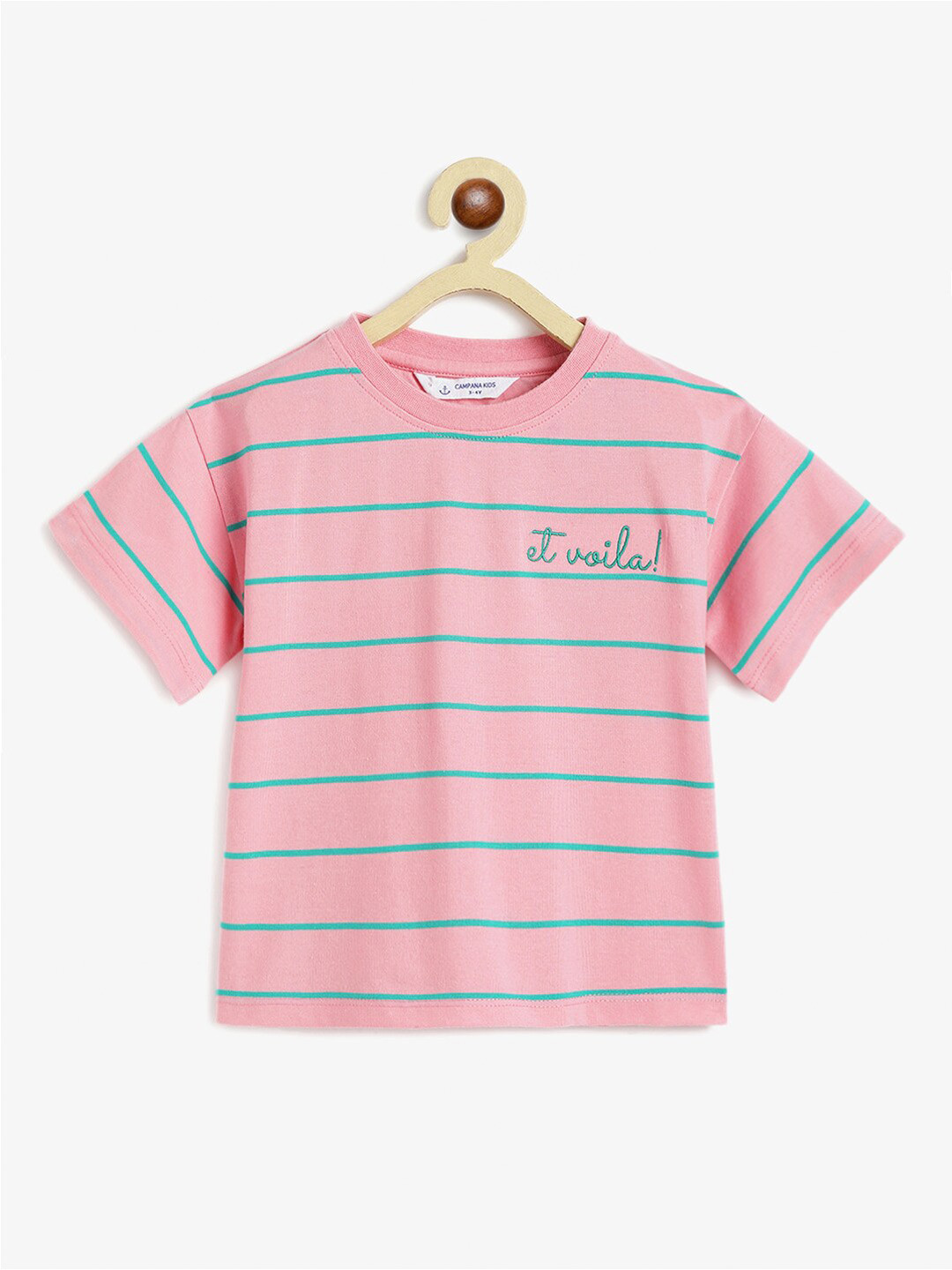 

Campana Girls Striped Drop-Shoulder Sleeves Cotton T-shirt, Pink