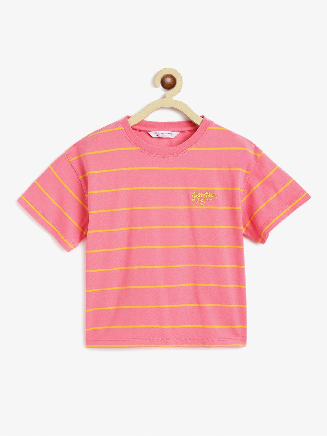 

Campana Girls Striped Drop-Shoulder Sleeves Cotton T-shirt, Pink