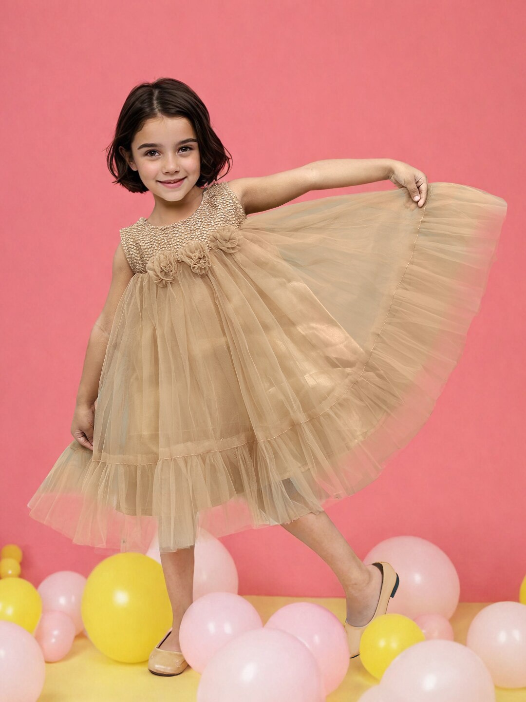 Toonyport Girls Net Sleeveless Round Neck Fit and Flare Dress, Beige