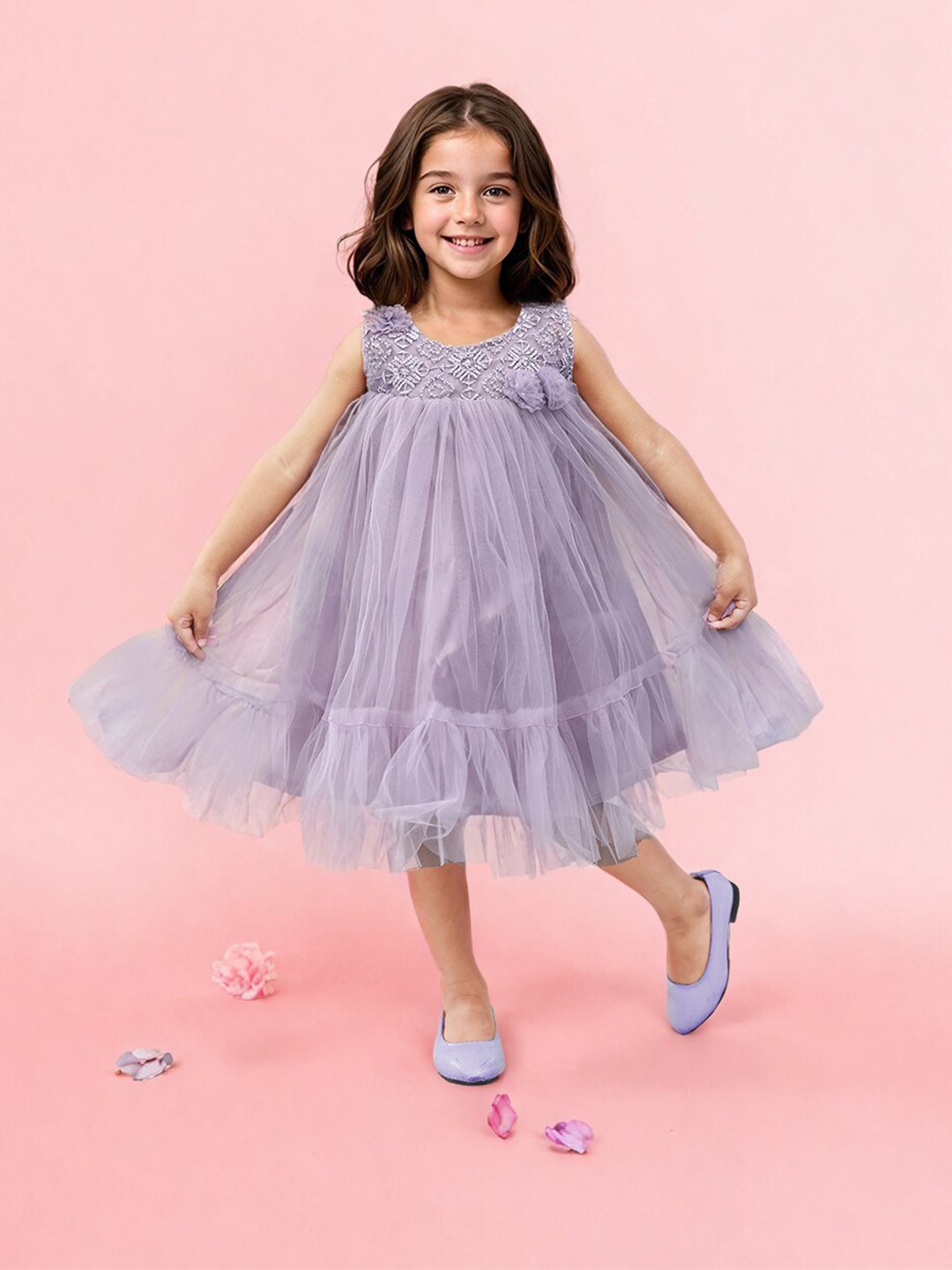 

Toonyport Girls Net Sleeveless Round Neck Fit and Flare Dress, Lavender