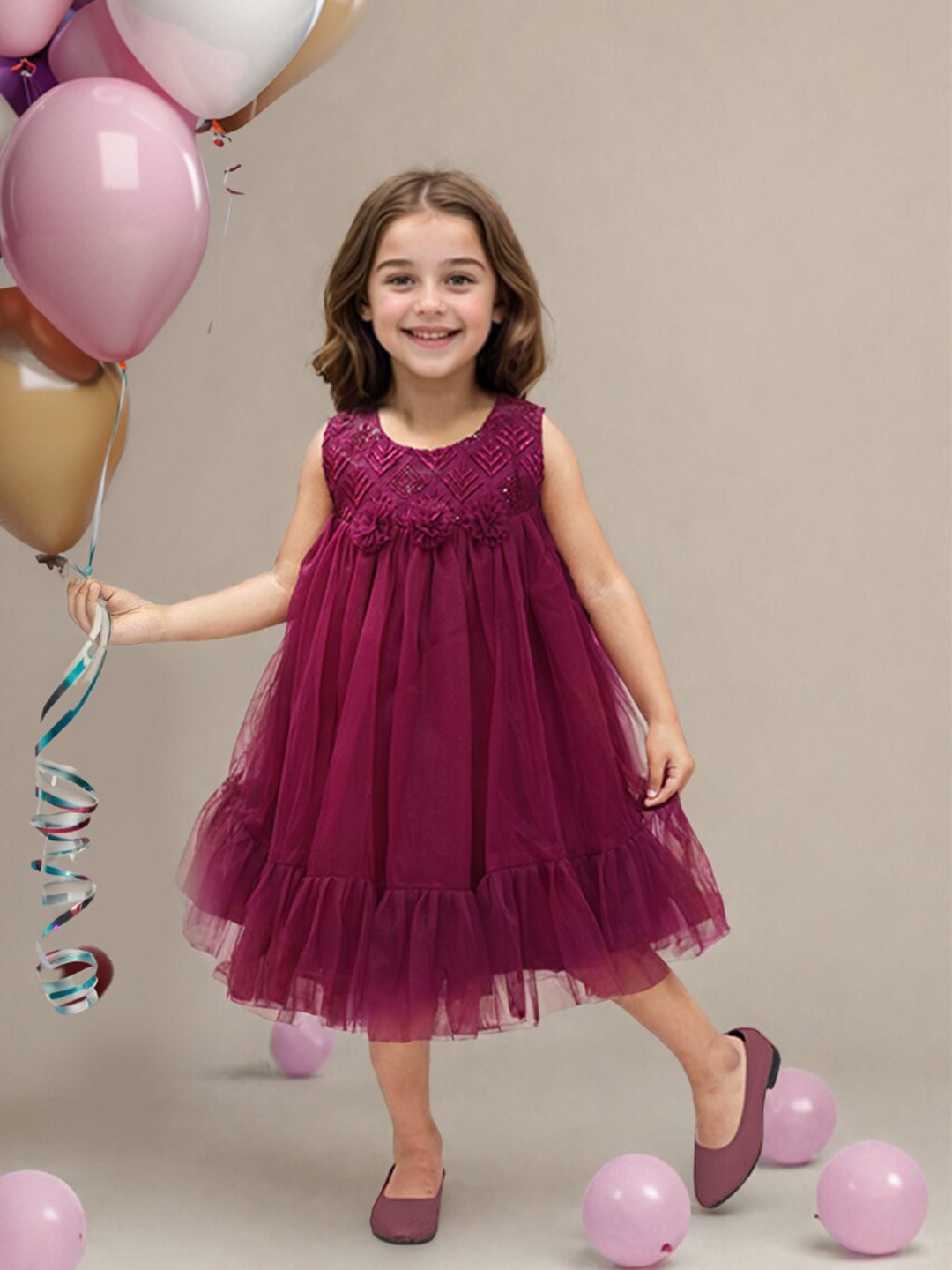 

Toonyport Girls Net Sleeveless Round Neck Fit and Flare Dress, Purple
