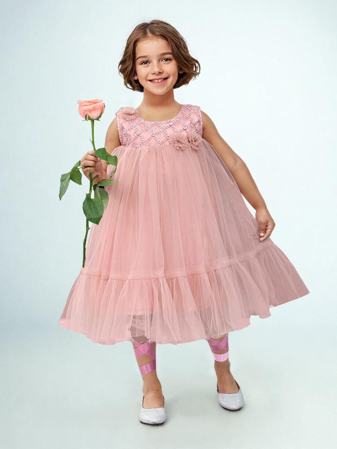 

Toonyport Girls Net Sleeveless Round Neck Fit and Flare Dress, Pink