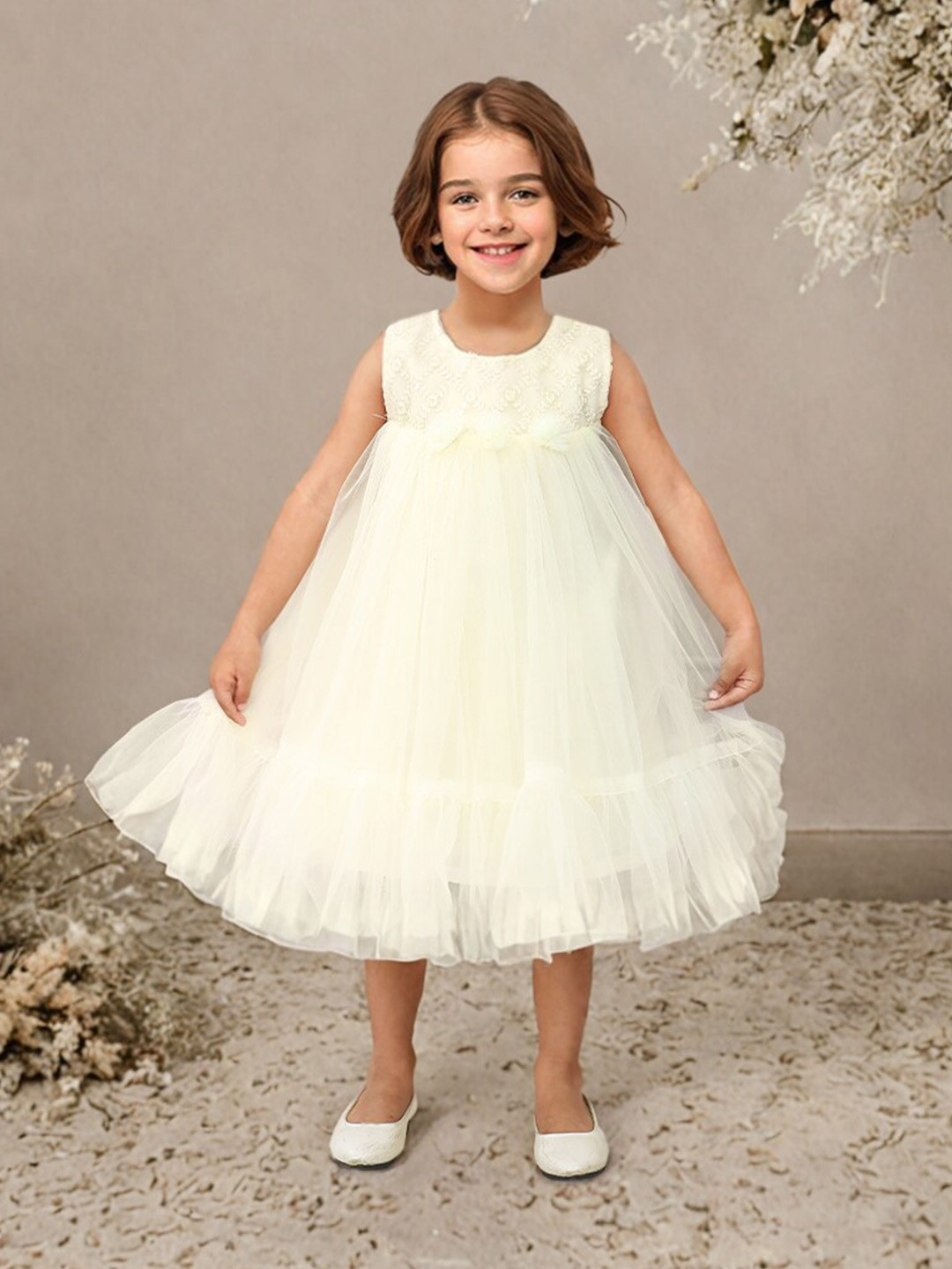 

Toonyport Girls Net Sleeveless Round Neck Fit and Flare Dress, Cream