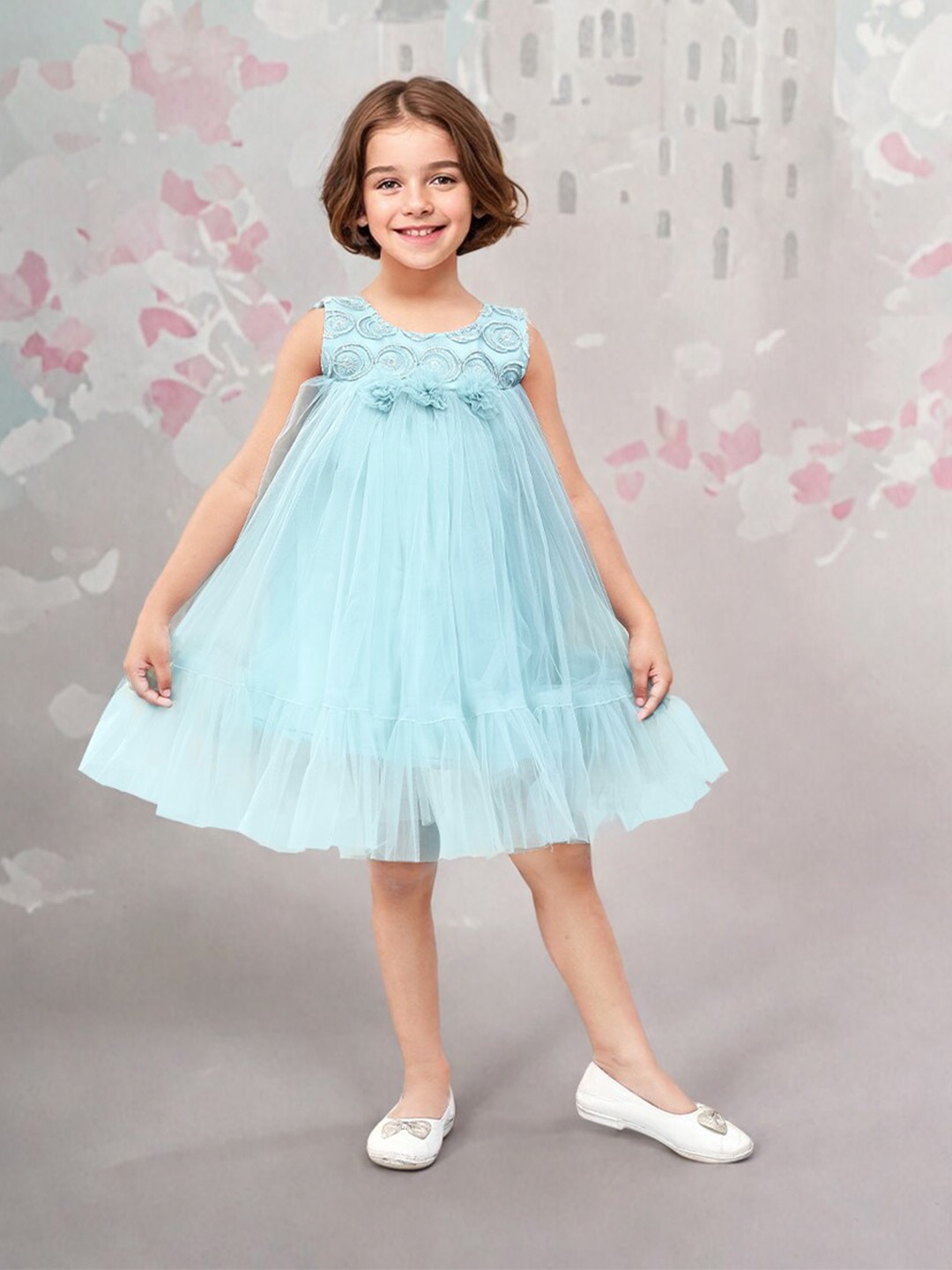 

Toonyport Girls Net Sleeveless Round Neck Fit and Flare Dress, Green