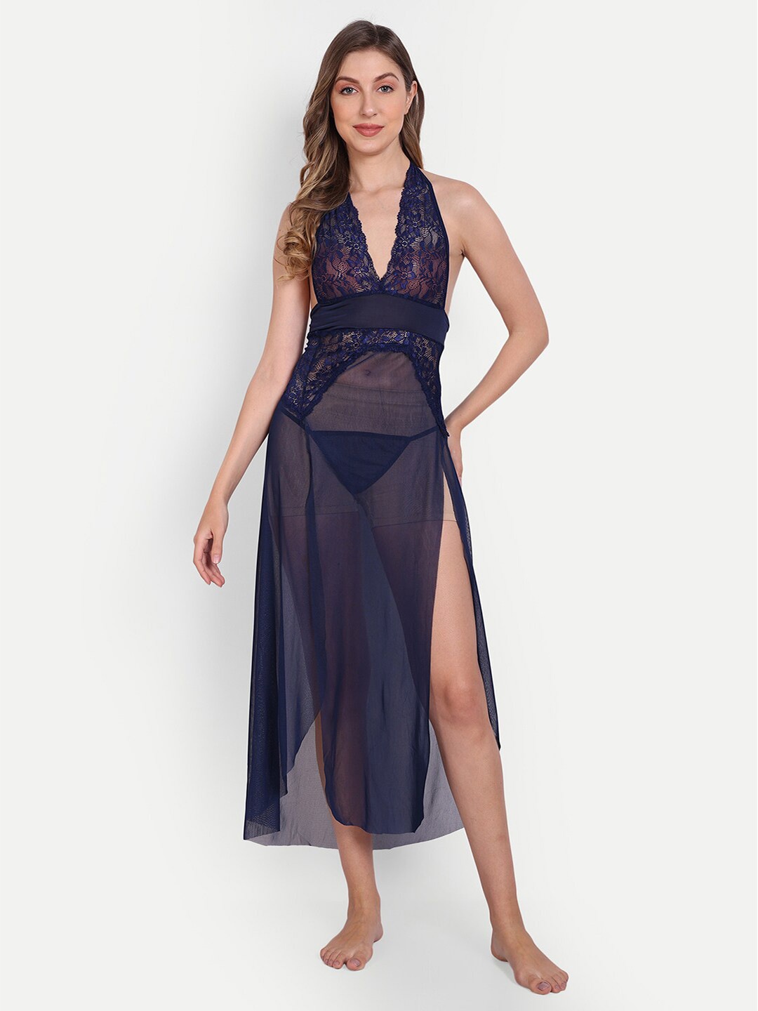 Xivir Self Design Halter Neck Baby Doll, Navy blue