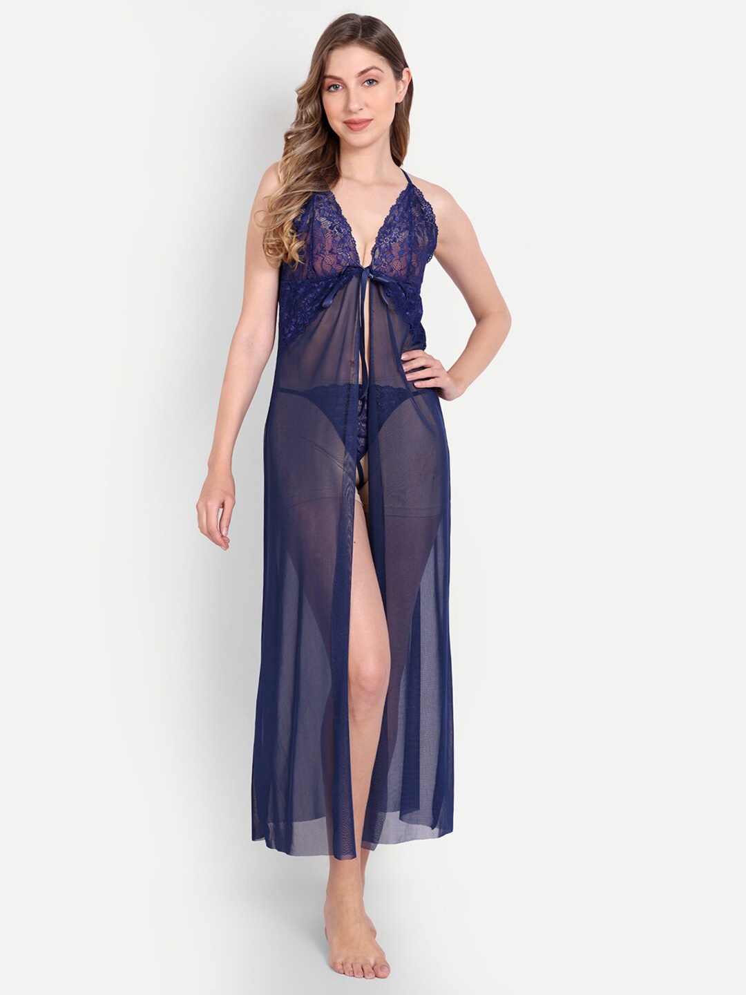 

Xivir Self Design Halter Neck Baby Doll, Navy blue