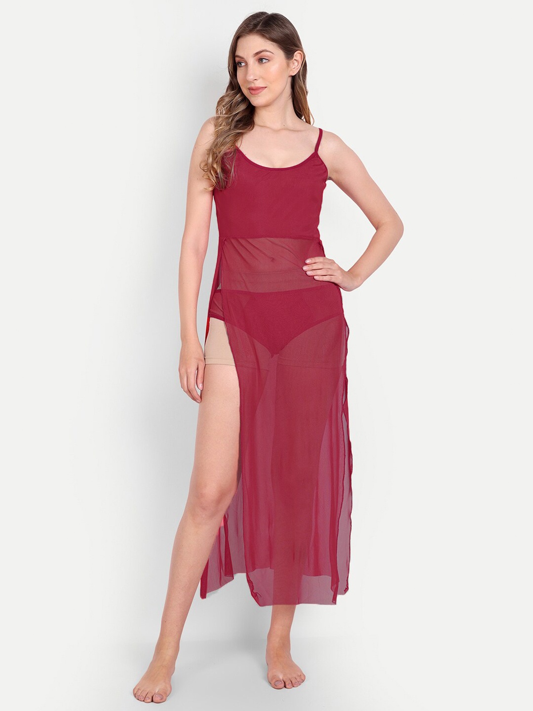

Xivir Self Design Shoulder Straps Net Baby Doll, Maroon